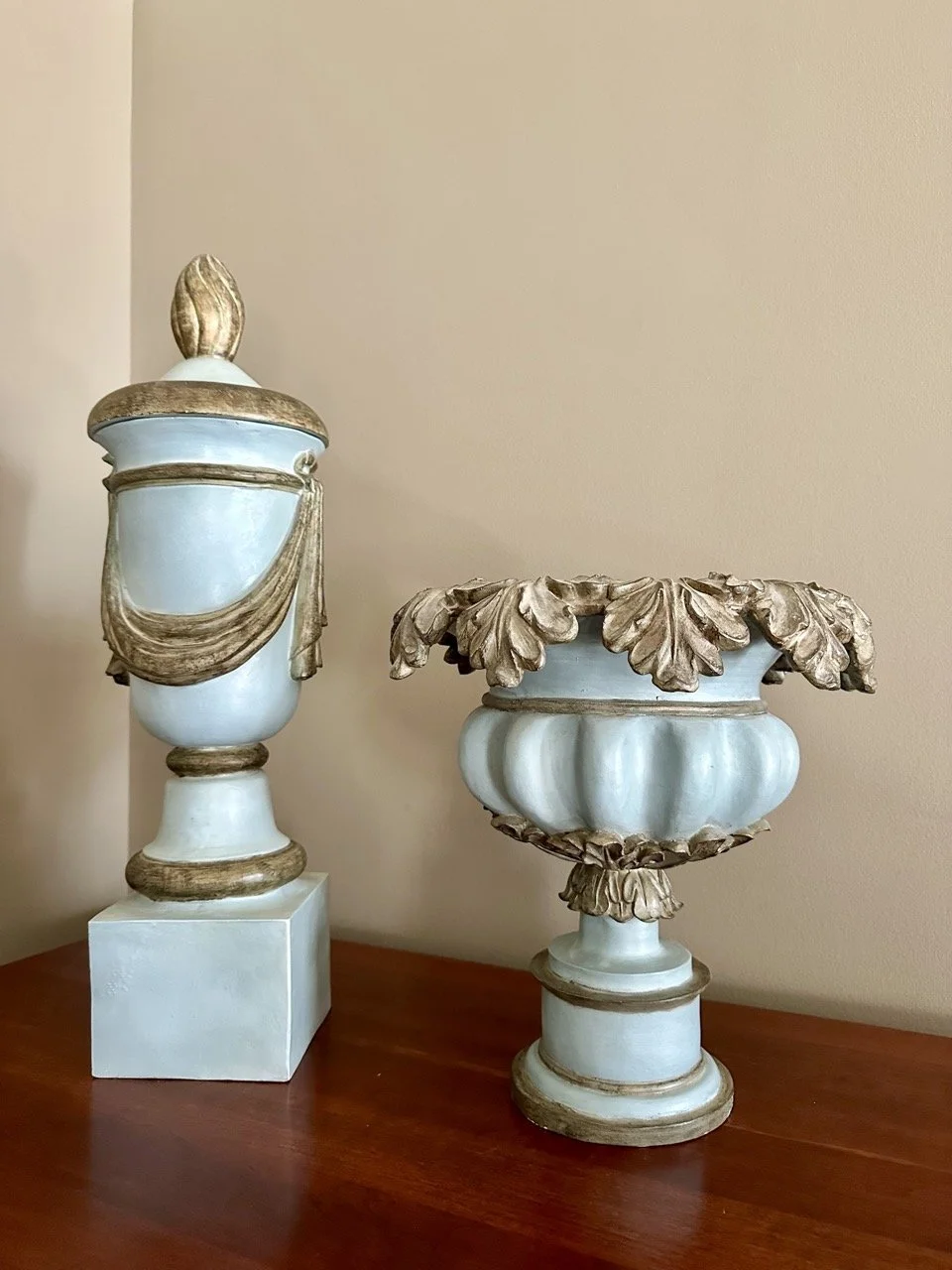 $80 • Blue & Gold Decorative Urn Set (24” Tall + 13” Bowl) • Neoclassical style pedestal urns with removable lid and vase functionality. Excellent condition.