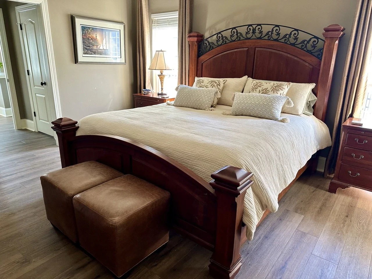 $1,200 • Bob Timberlake California King Bed Frame (Wood & Iron Statement Headboard) • Solid wood bed with tall 72” headboard and wrought iron detail. Warm finish, excellent condition with minor wear. Dimensions: 84”W x 93”L x 72”H. Matching dresser +