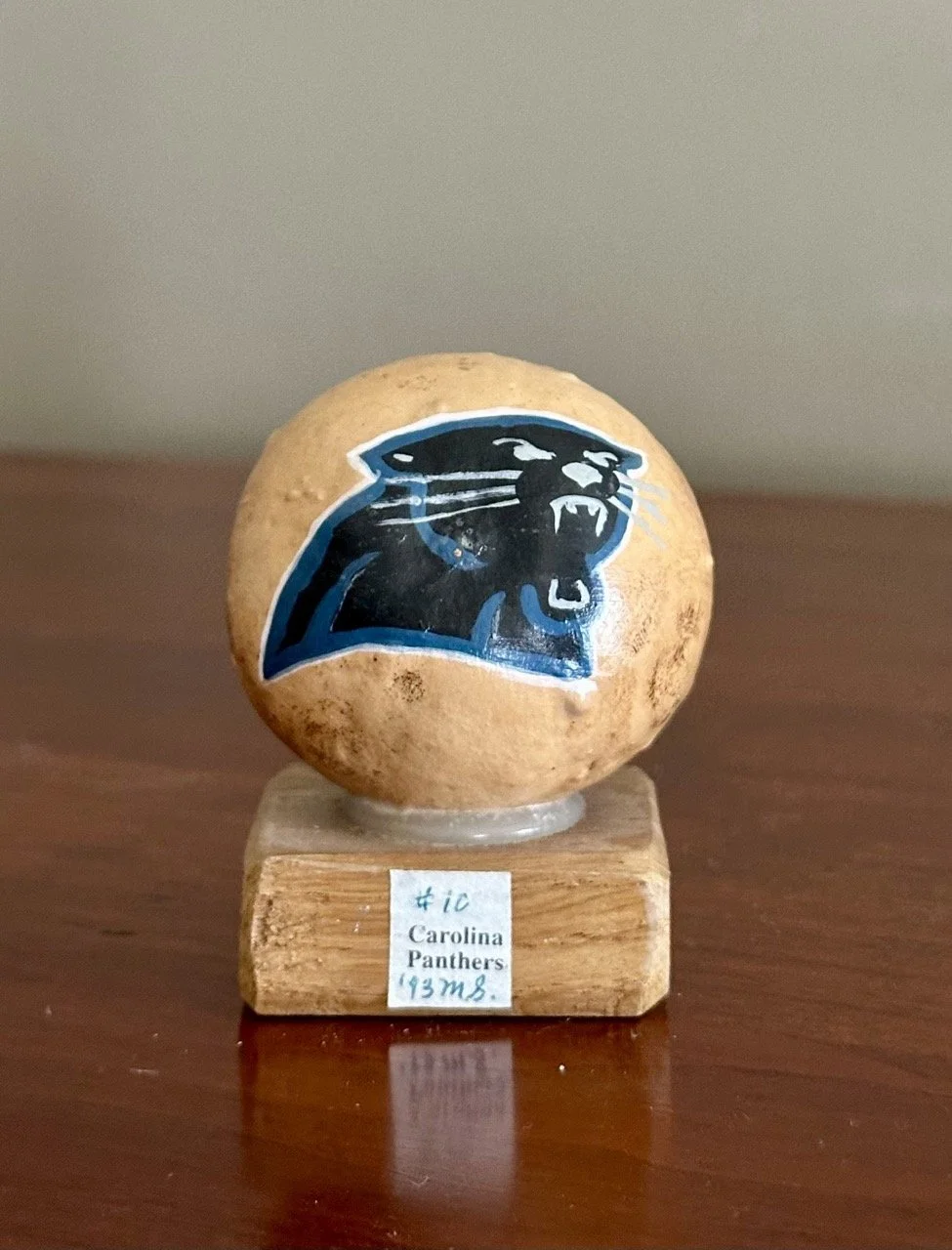 $35 • Handcrafted Carolina Panthers Gourd Sculpture by Margaret H. Sparkman (“The Gourd Lady”) • Unique hand-decorated natural gourd featuring Panthers logo, signed regional folk art piece from Conover, NC, great collectible or gift item • Dimensions