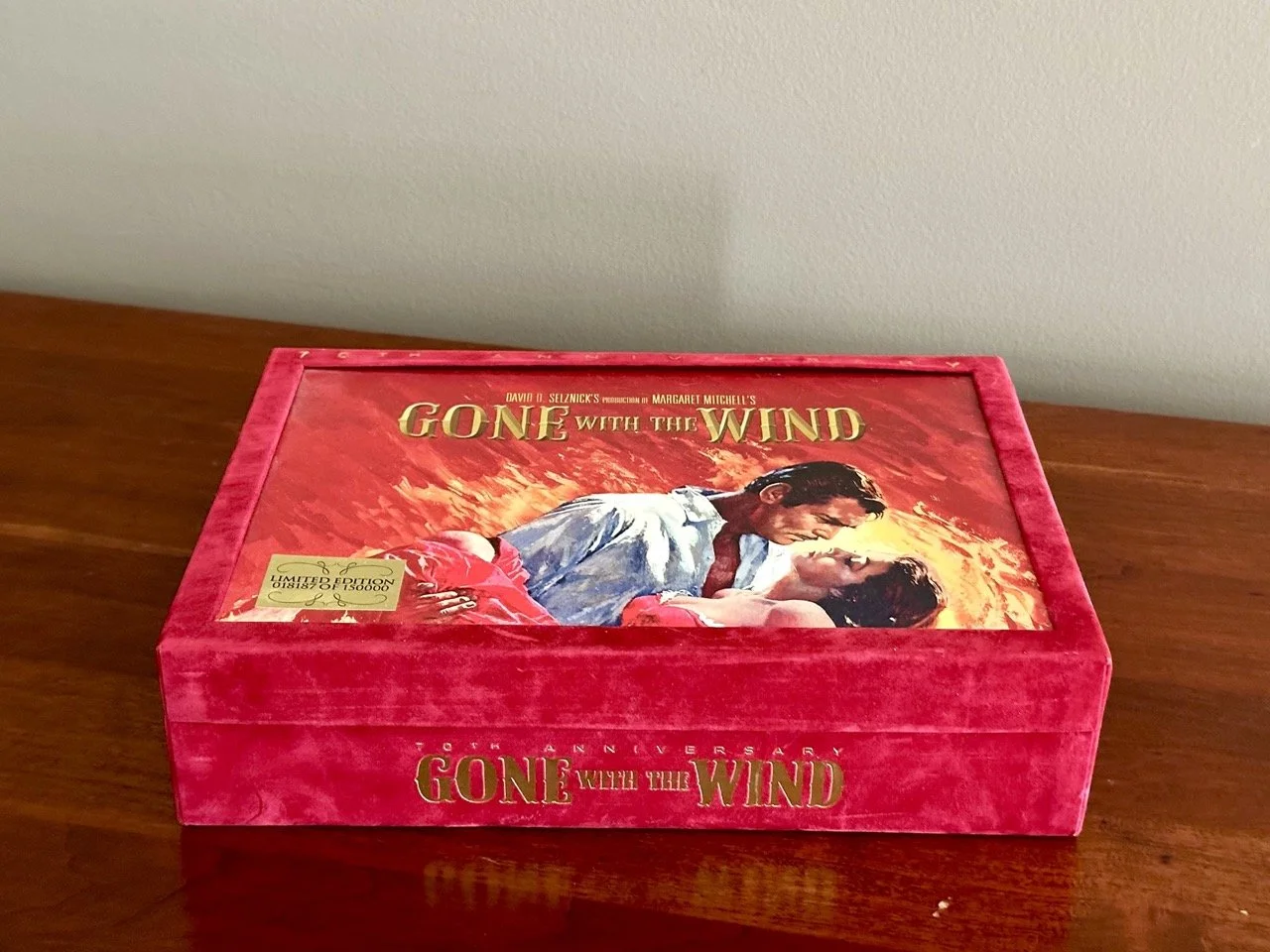 $95 • Gone With the Wind 70th Anniversary Limited Edition Collector’s Box Set (Numbered) • Red velvet presentation box with gold lettering, includes Blu-ray discs, soundtrack CD, art book, reproduction documents, and collectible prints, limited editi