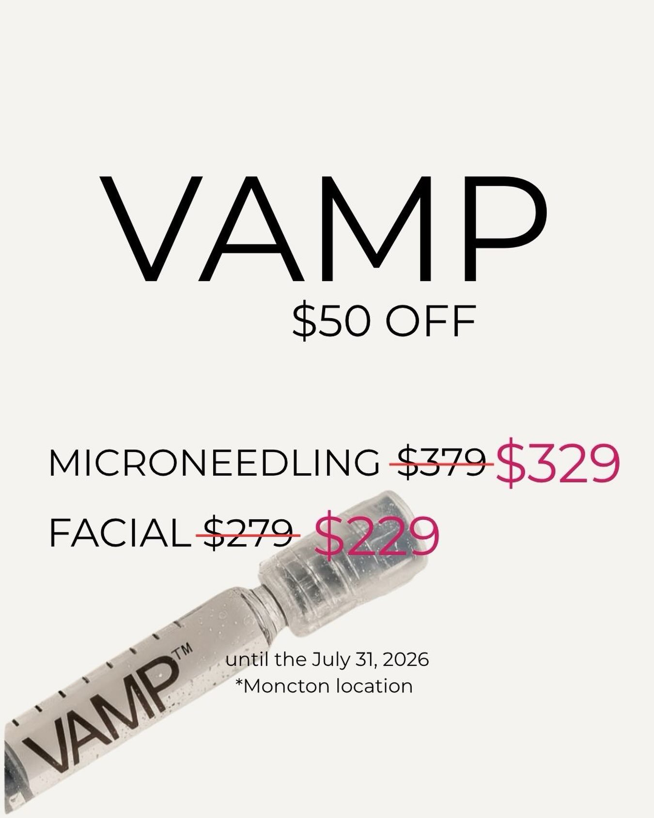 .
JULY ONLY!!

It&rsquo;s time&hellip;
to support your skin at a cellular level.

When we add VAMP Skincare to microneedling and facial, we&rsquo;re enhancing your treatment with advanced regenerative support &mdash; including powerful salmon DNA (PD