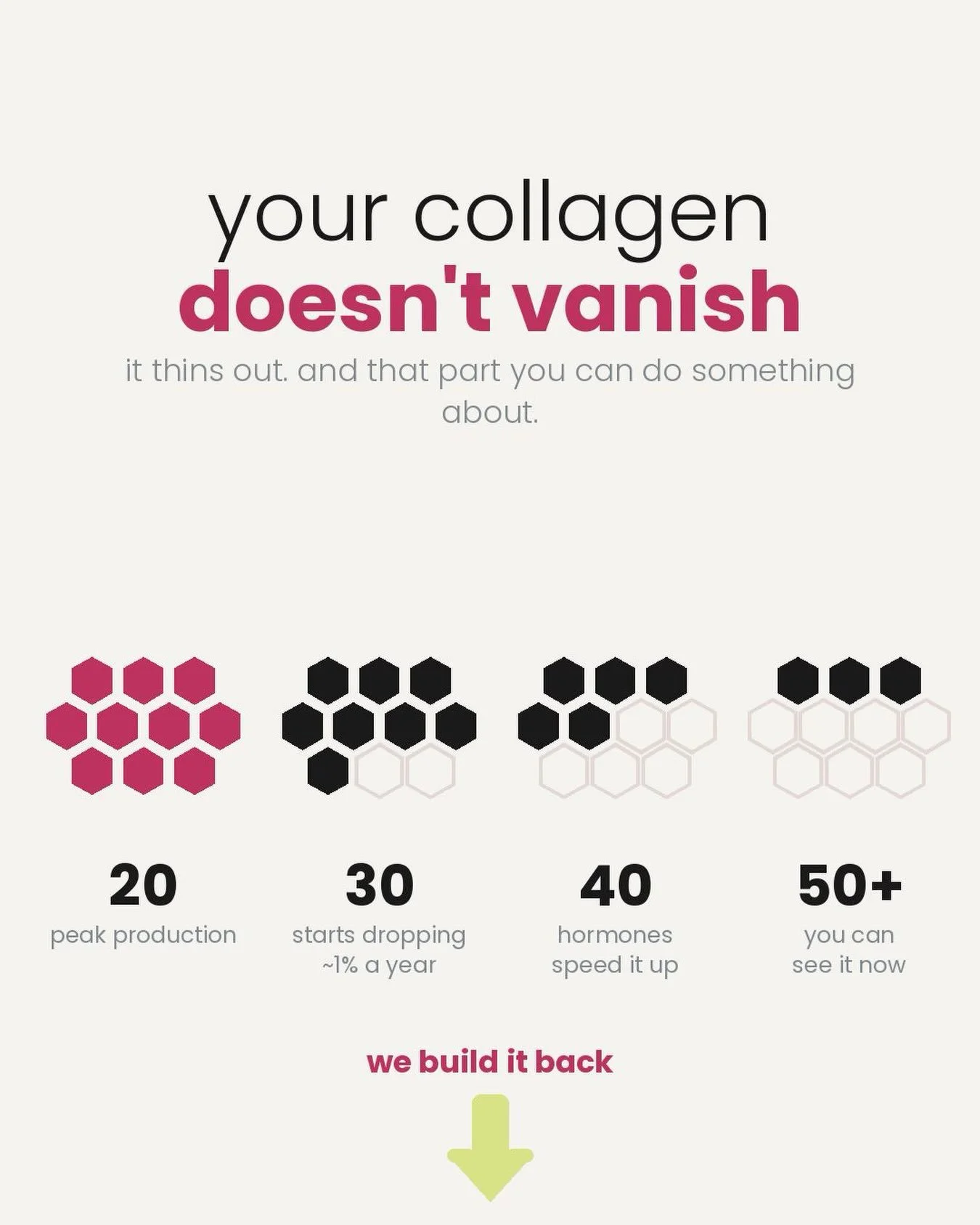 Your collagen doesn't disappear. It thins.

At 20 you're at peak production. From your mid-twenties you lose roughly 1% a year &mdash; not dramatically, just quietly, in the background. 

By your 40's hormonal shifts speed it up. 

By your 50's you c
