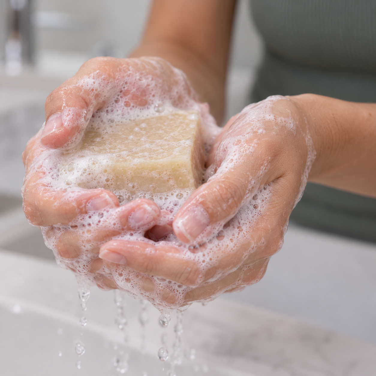 Lathering the Sulfur Soap bar in hands