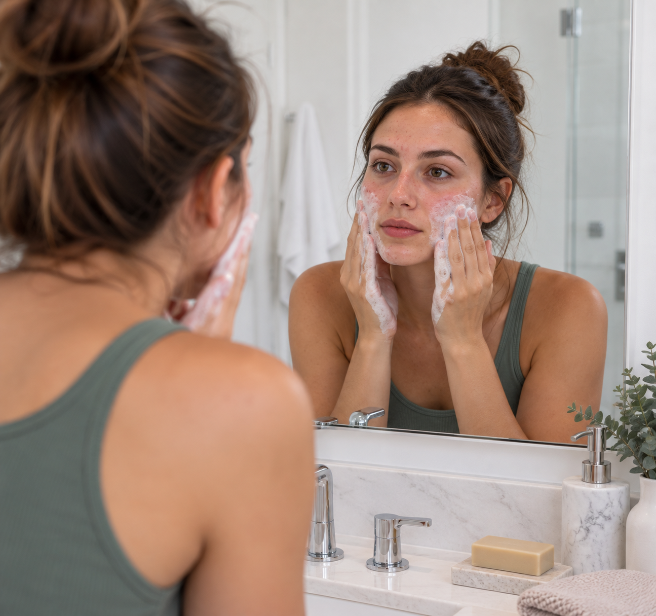 Woman checking her skin in the mirror after cleansing with sulfur soap