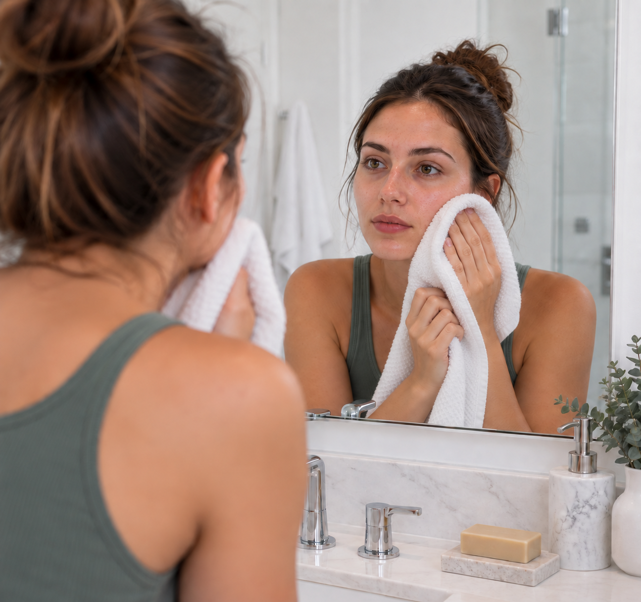 Patting skin dry with a towel after cleansing