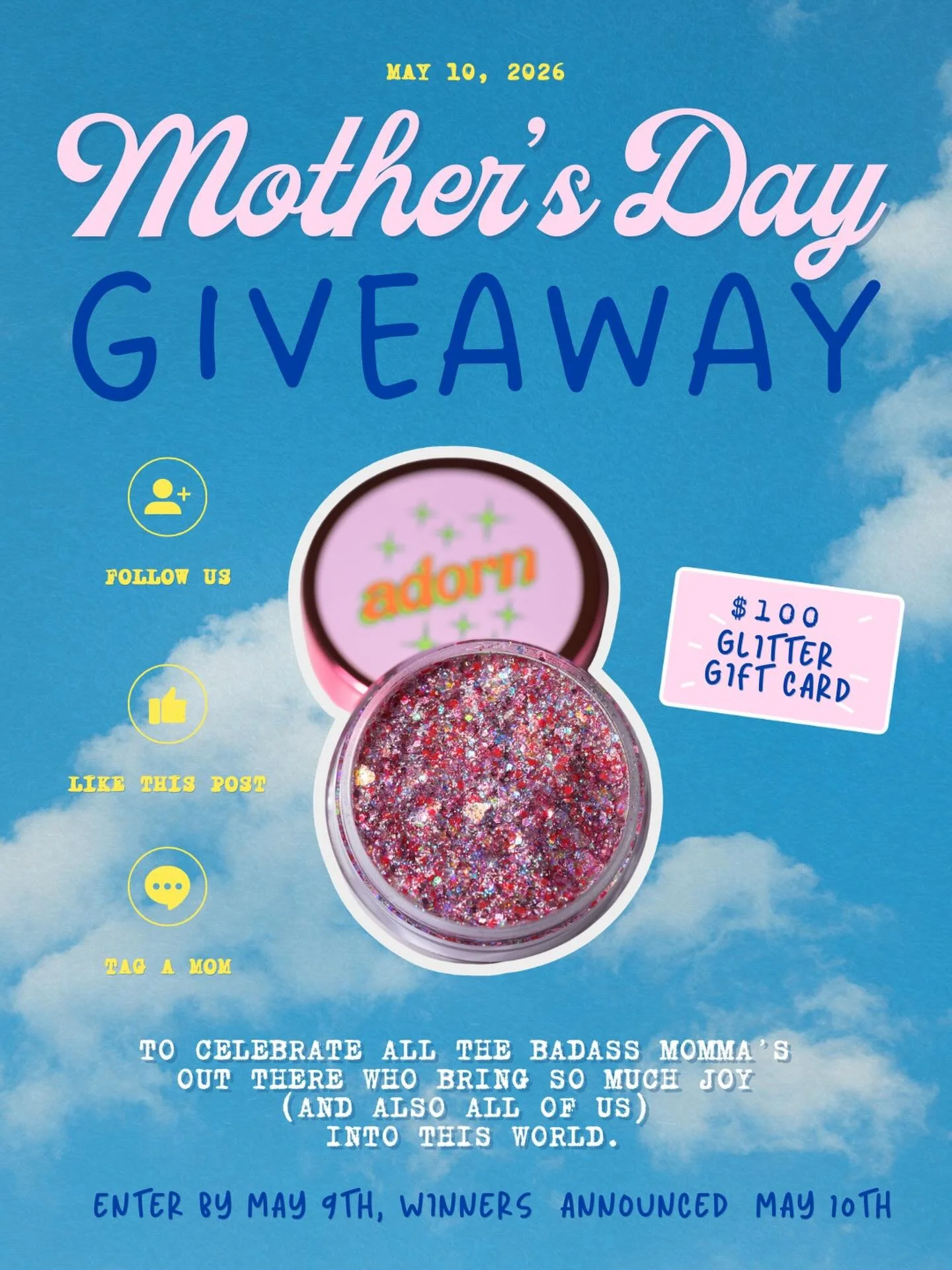 Mother&rsquo;s day giveaway! 
Win a $100 gift card so you can choose your favorite glitters! 
Rules: 

Must be following us 
Tag a momma in the comments 
Like the post

Winner will be announced May 10th! 

Stay sparkly 🪩💅🏻

#glitter #giveaway #bio