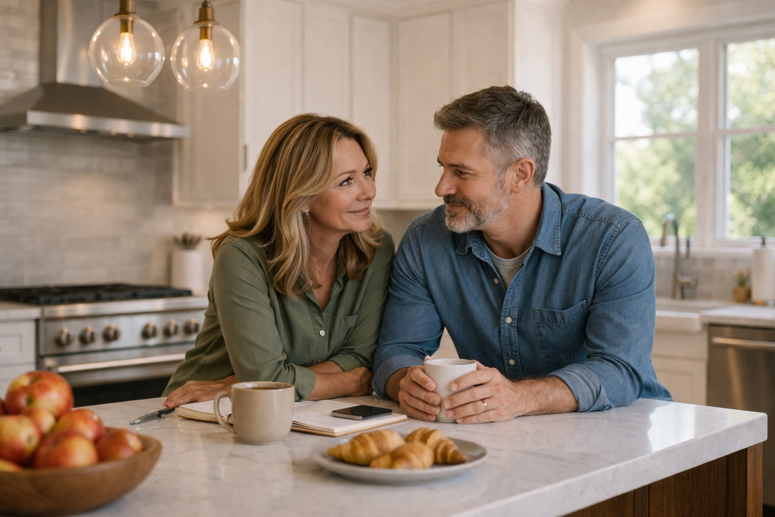 middle aged couple at a kitchen island with coffee
