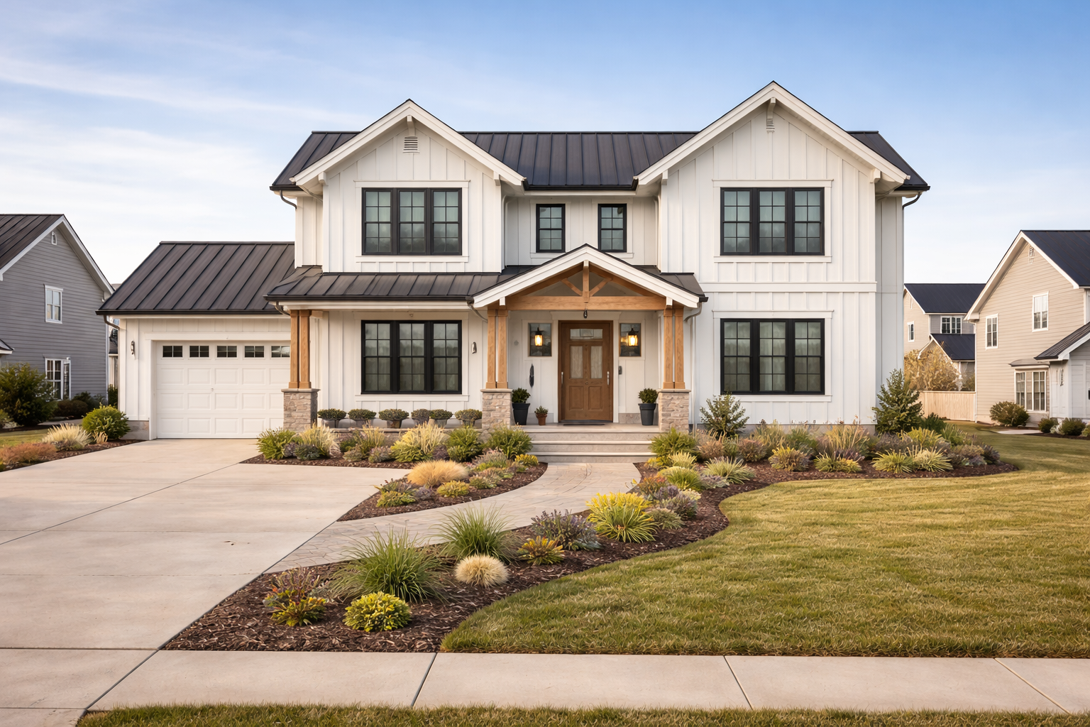 the facade of a home in bismarck that is white with a black roof and large driveway