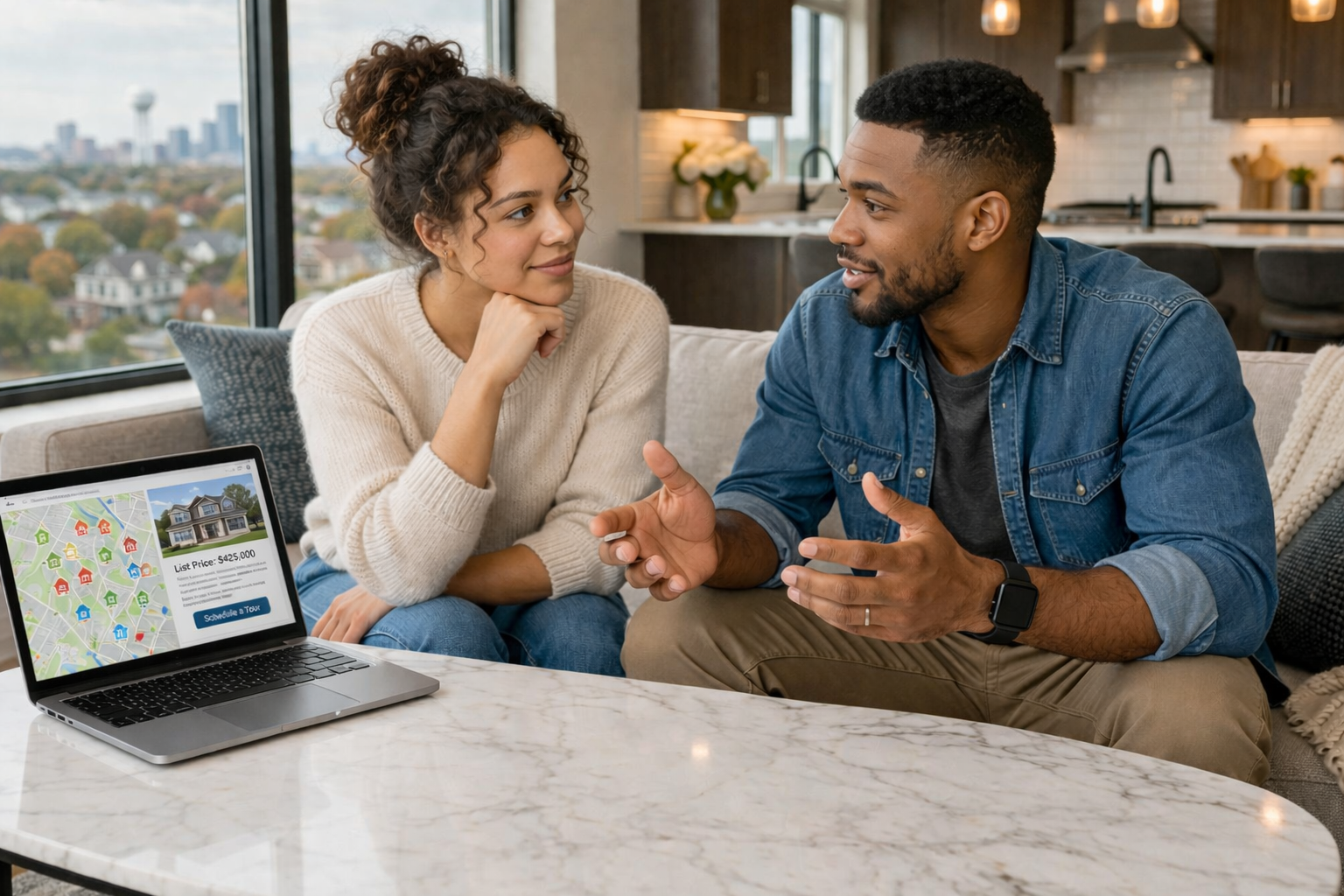 young couple sitting on a couch talking about buying a home