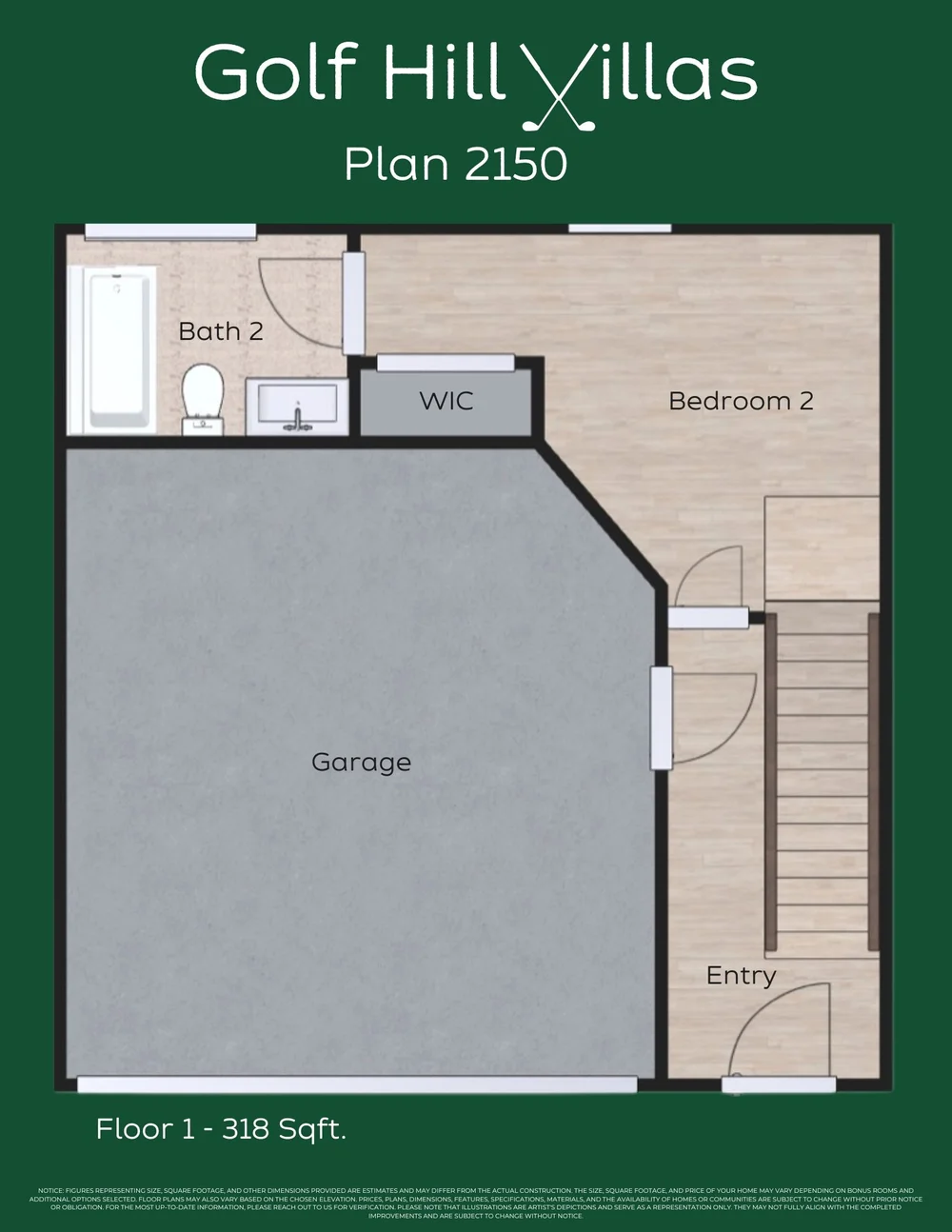 Golf Hill Villas Floor 1 plan — Garage, Bedroom 2, Bath 2, WIC, Entry