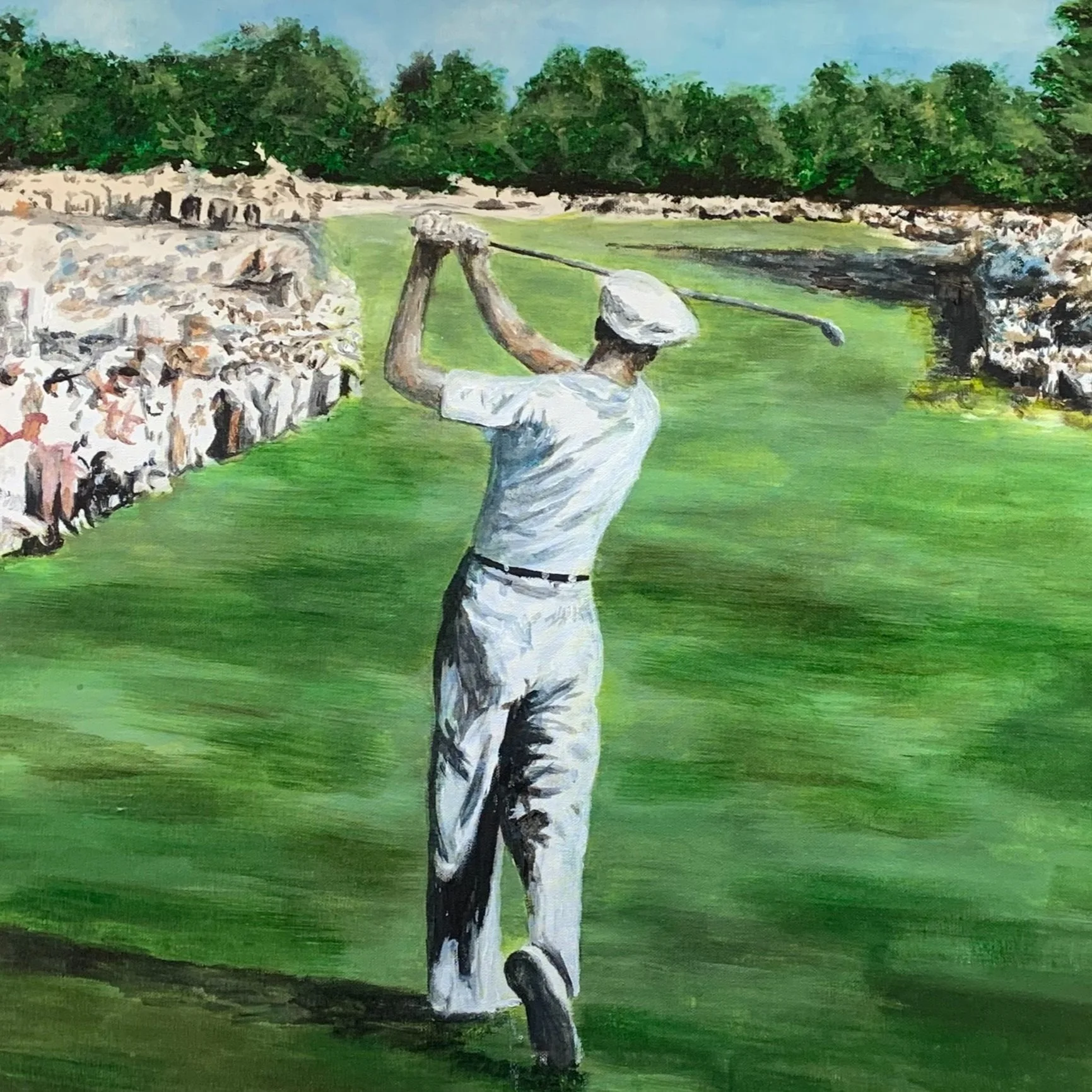 Painting of a golfer swinging a club on a green golf course with trees in the background.