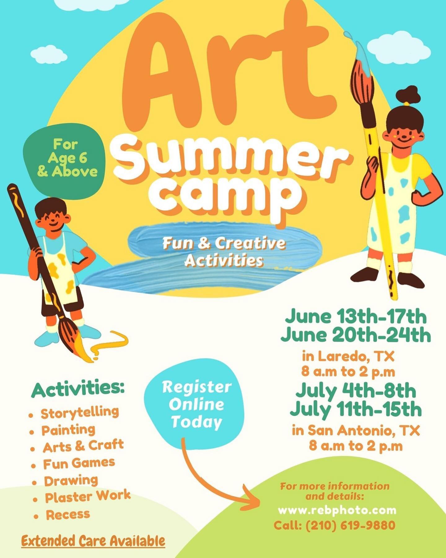 Good Morning! This summer we are introducing REB Summer Art Camp! Children will explore the world of ART! Our open-ended projects allow children to work at their own pace, creating artwork that is specific to their individual skill level and goals. W