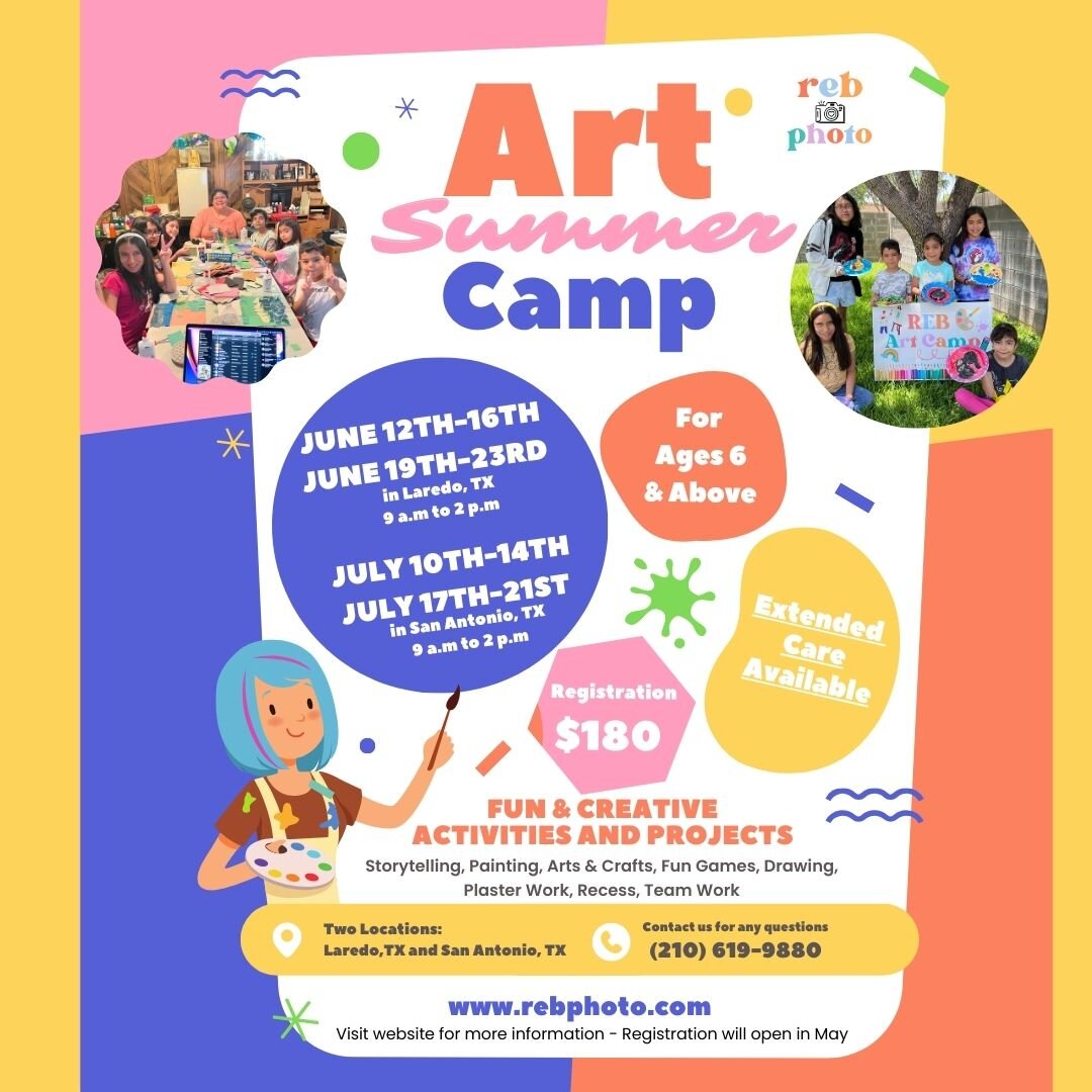 The day is here! Dates for our Art Summer Camp for Laredo and San Antonio locations! Registration is OPEN! Reserve early for your spot! We are only accepting 10 young artists each week. Visit our website for more information and registration. Can't w