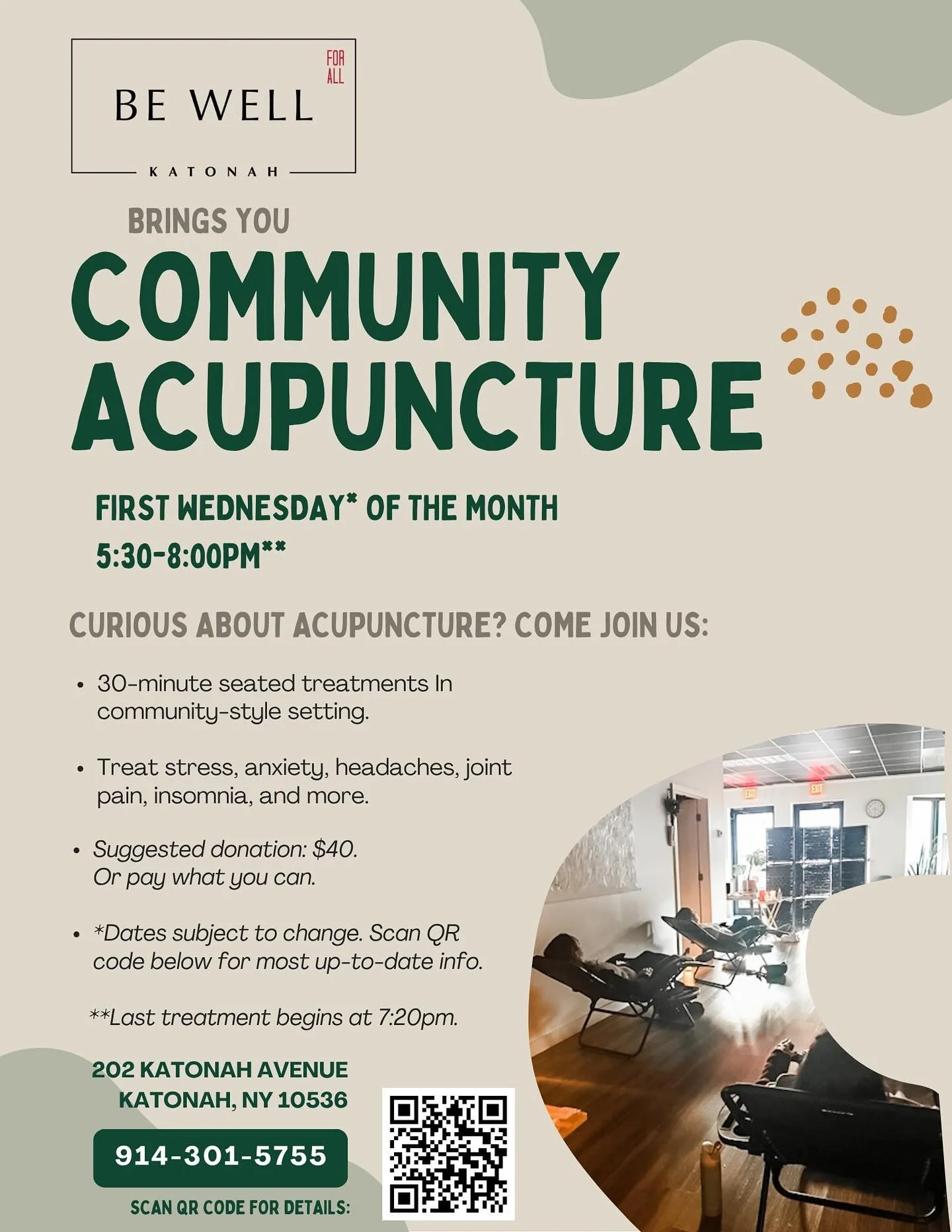 Community Acupuncture this Wednesday!!

Come join us for Community Acupuncture this Wednesday 8/6 for an evening of chill!

⚡️Arrive between 5:30pm-7:15pm to get started
⚡️30 minute treatments 
⚡️Suggested donation of $40 (or pay what you can)

Great