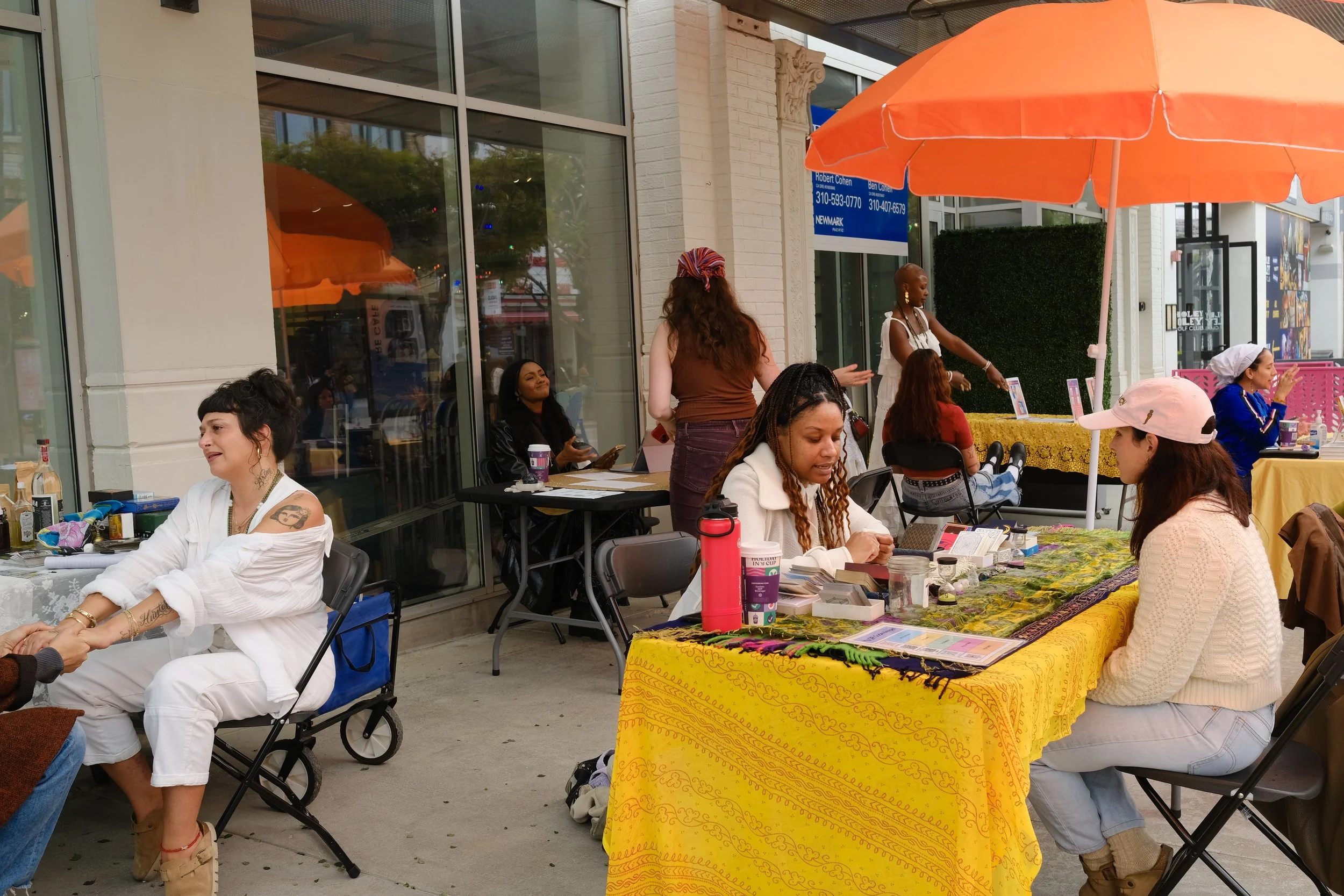 Practitioners at work. Care Cafe presented by Sanyu Estelle for the city of Santa Monica's 150th Anniversary. Photographed: ONYI LOVE, Sanyu Estelle, Camellia Dao-Ling Lee, Kaitlyn Grana, Tyler Capri (2025). Photos by Reva Santo.