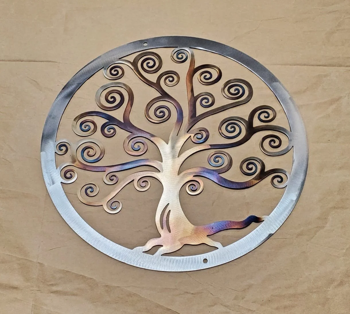 Metal steel tree of life curly wall decoration with color from heat treating by METALgarden