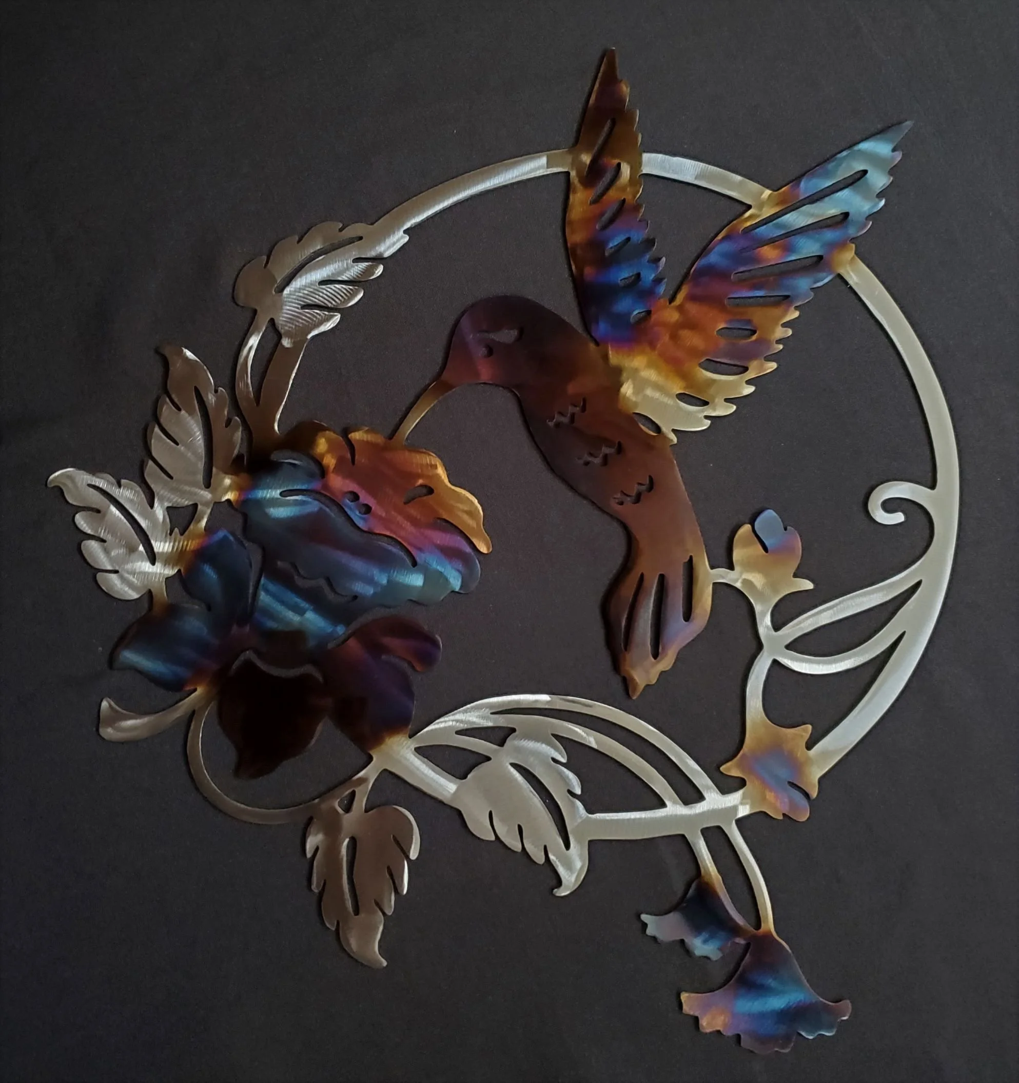 Metal steel hummingbird wall or garden decoration with color from heat treating by METALgarden