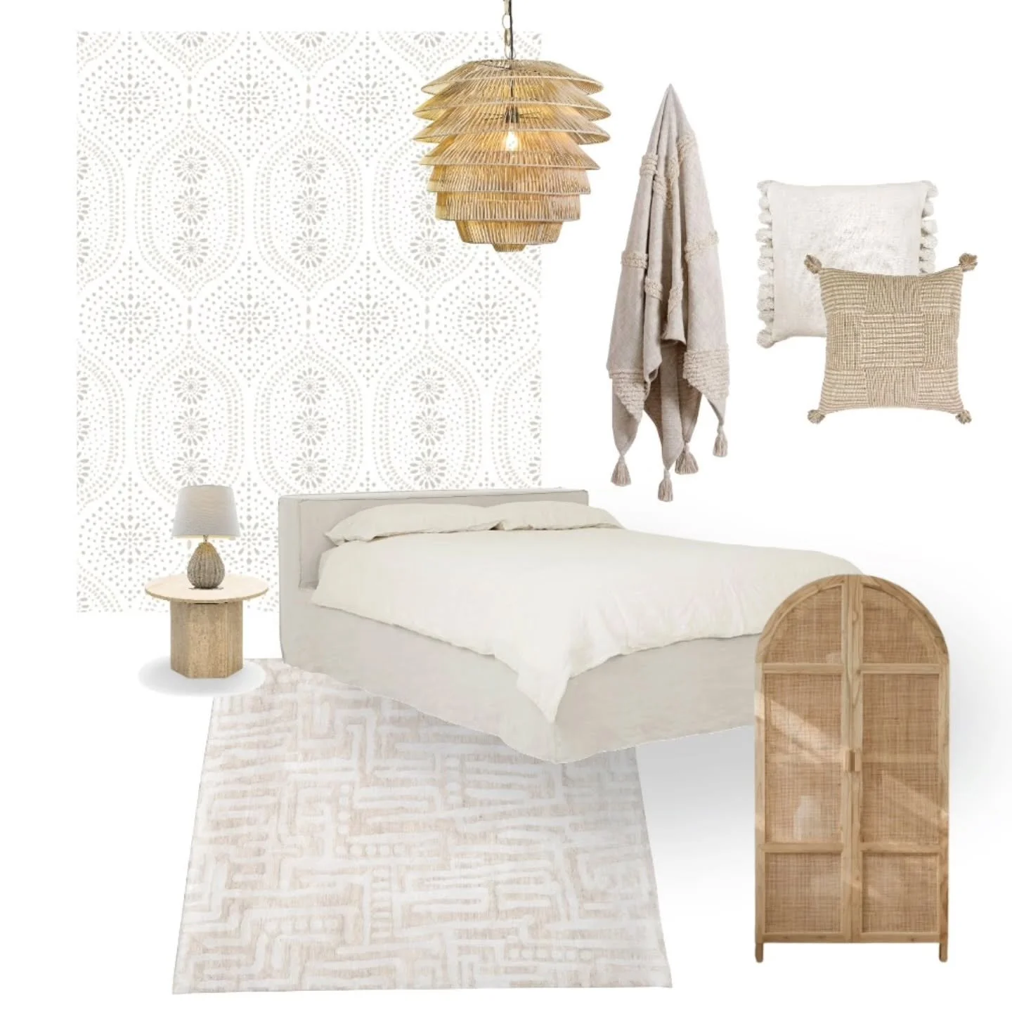 This bedroom feels like slow mornings, warm light, and a deep exhale. Earthy neutrals, warm tones, and cozy textures bring a sense a calm.

My Holloway wallpaper from @loomwell adds just the right amount of subtle pattern!

#japandiinterior
#bohobedr