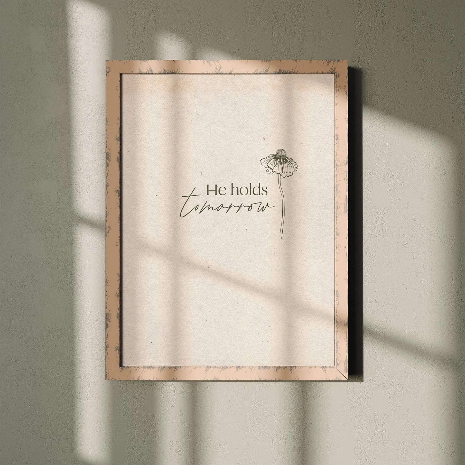 Decorative wall art with a quote and a flower illustration surrounded by shadows.