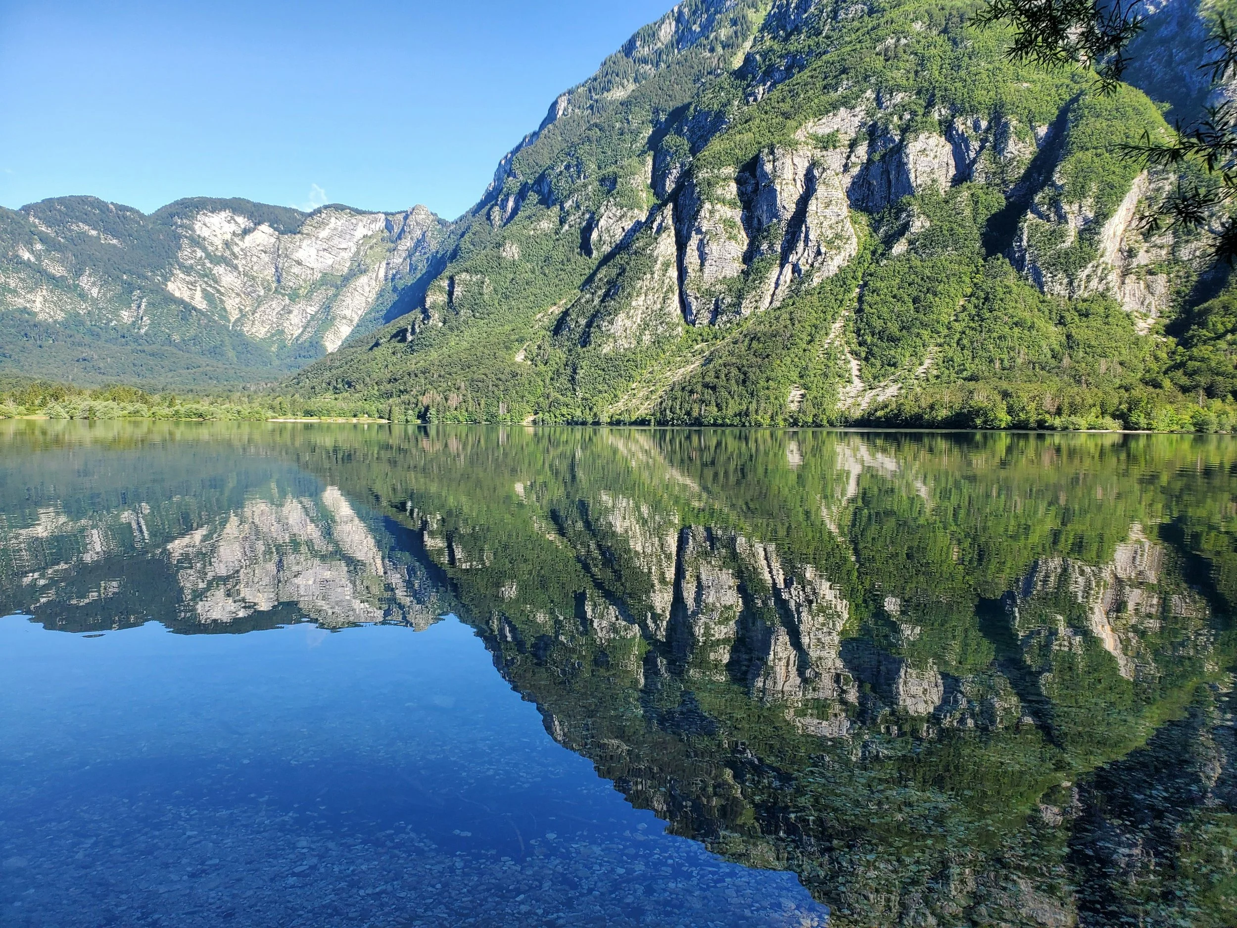 Clear reflection of the Julian Alps on Lake Bohinj on a bright summer morning.