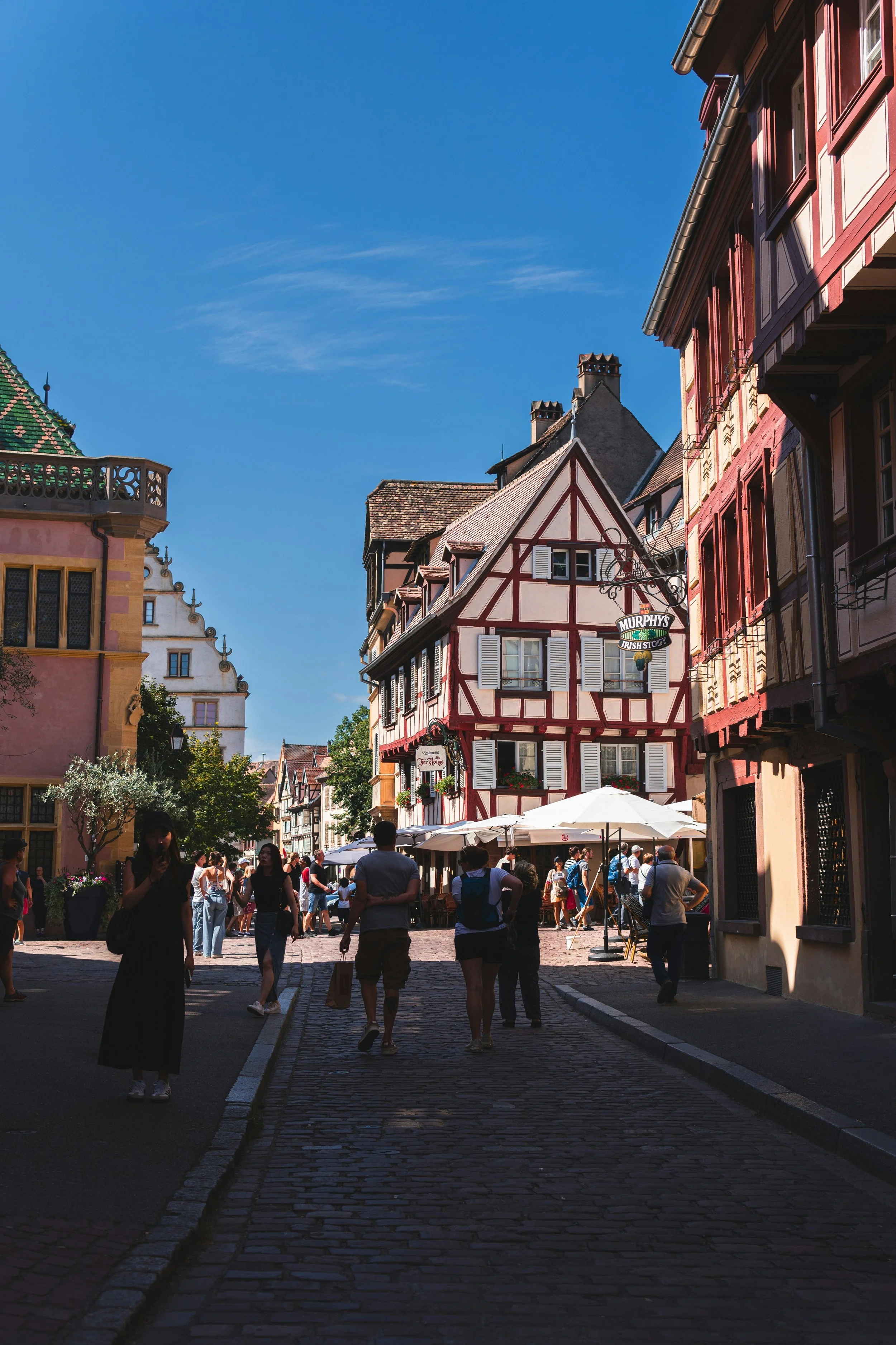 Pedestrian street lined with colorful half-timbered houses.