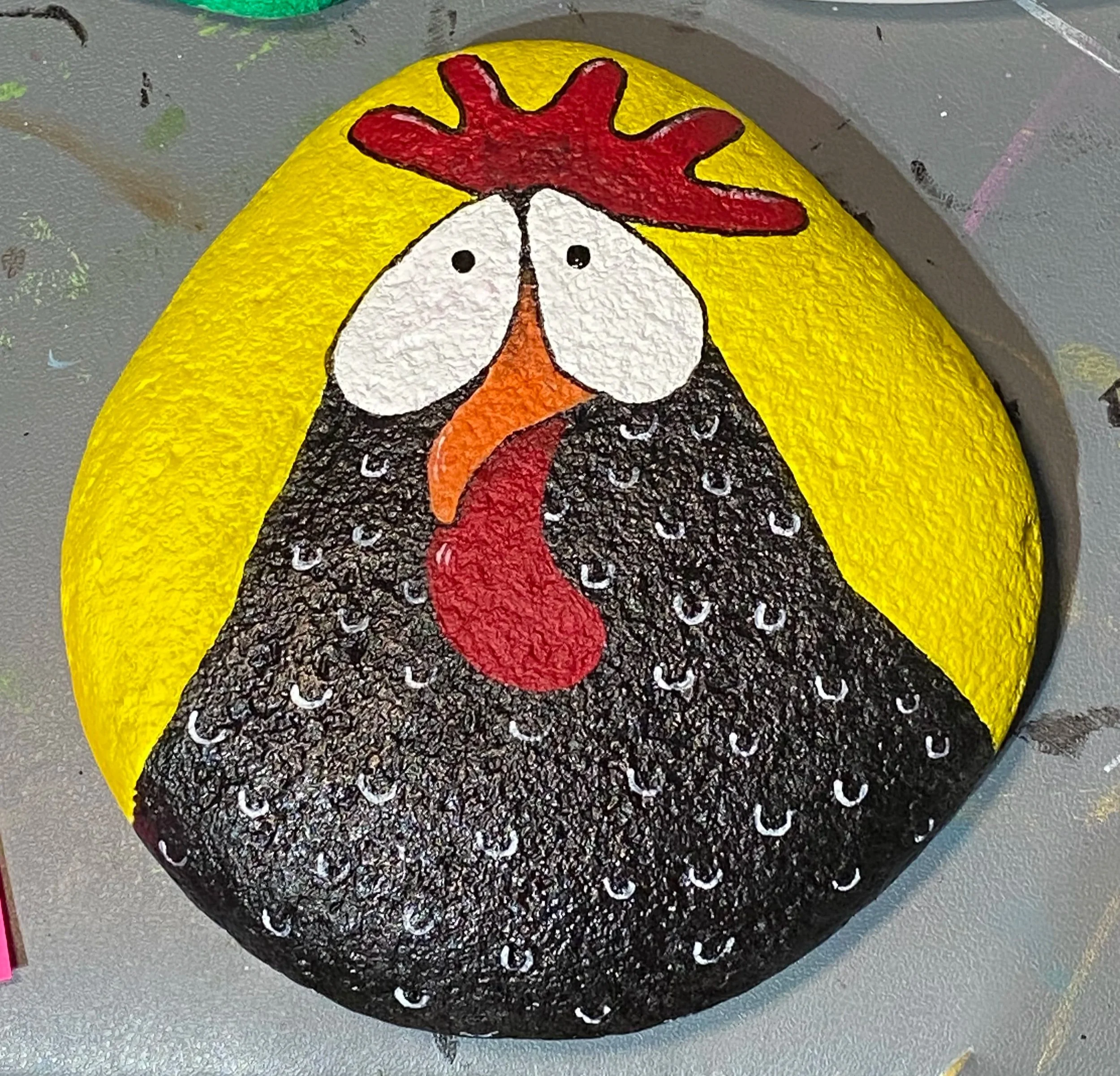 SOLD - "Big eyed Chicken" / Acrylic on Rock / Size: X-large