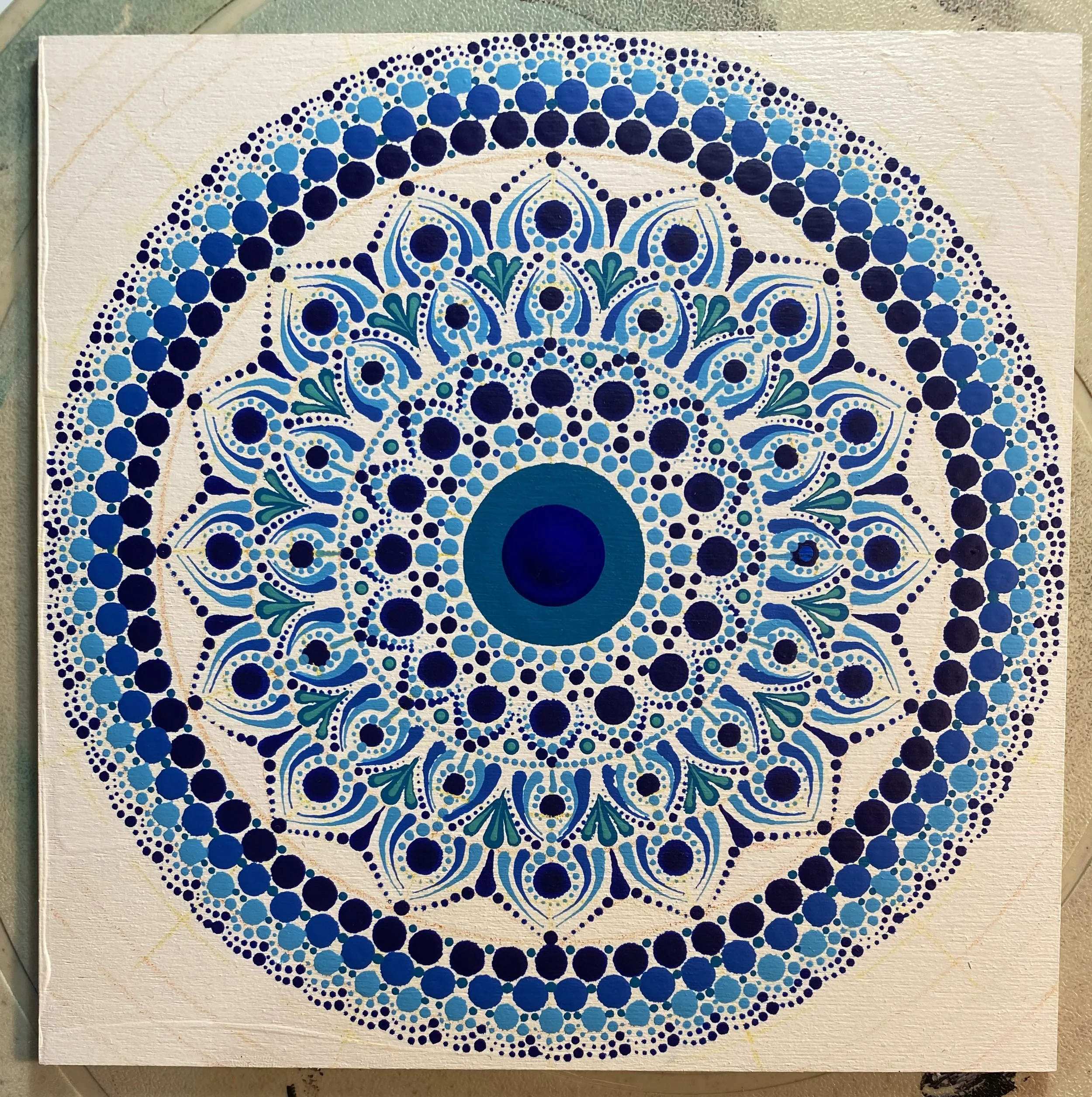 SOLD - "Blue Mandala" / Acrylic on wood board / Size" 5" W x 5" T