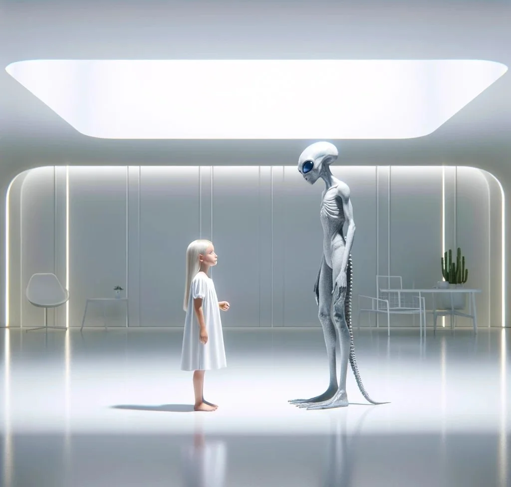Child facing a grey alien in a bright white room, an artistic depiction of alien abduction and childhood extraterrestrial contact