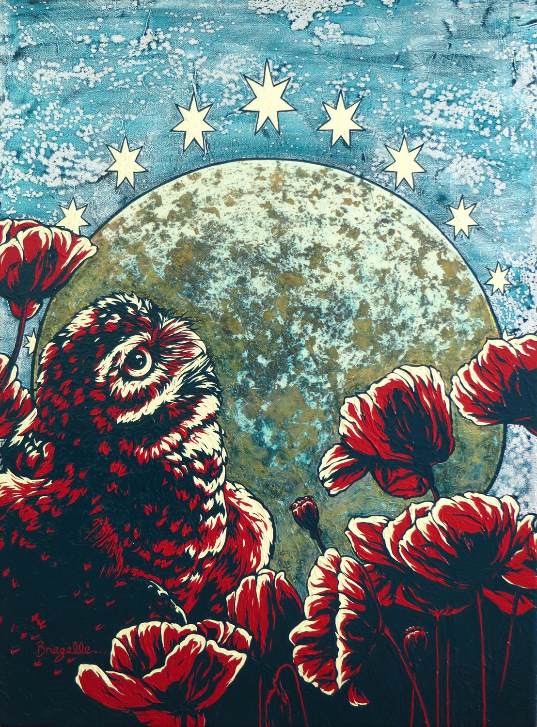 Stargazer - 24" x 18", Acrylic on Canvas w/ silver & gold leaf