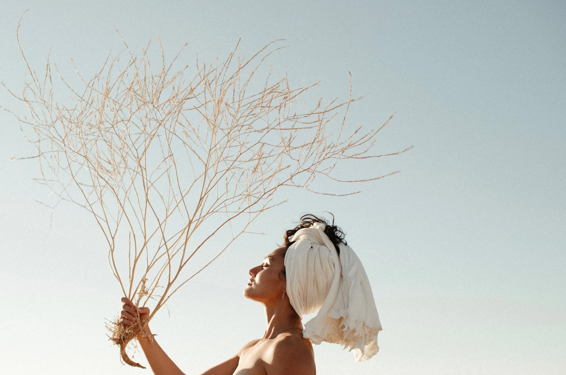 Person holding dry branches against blue sky with powerful expression