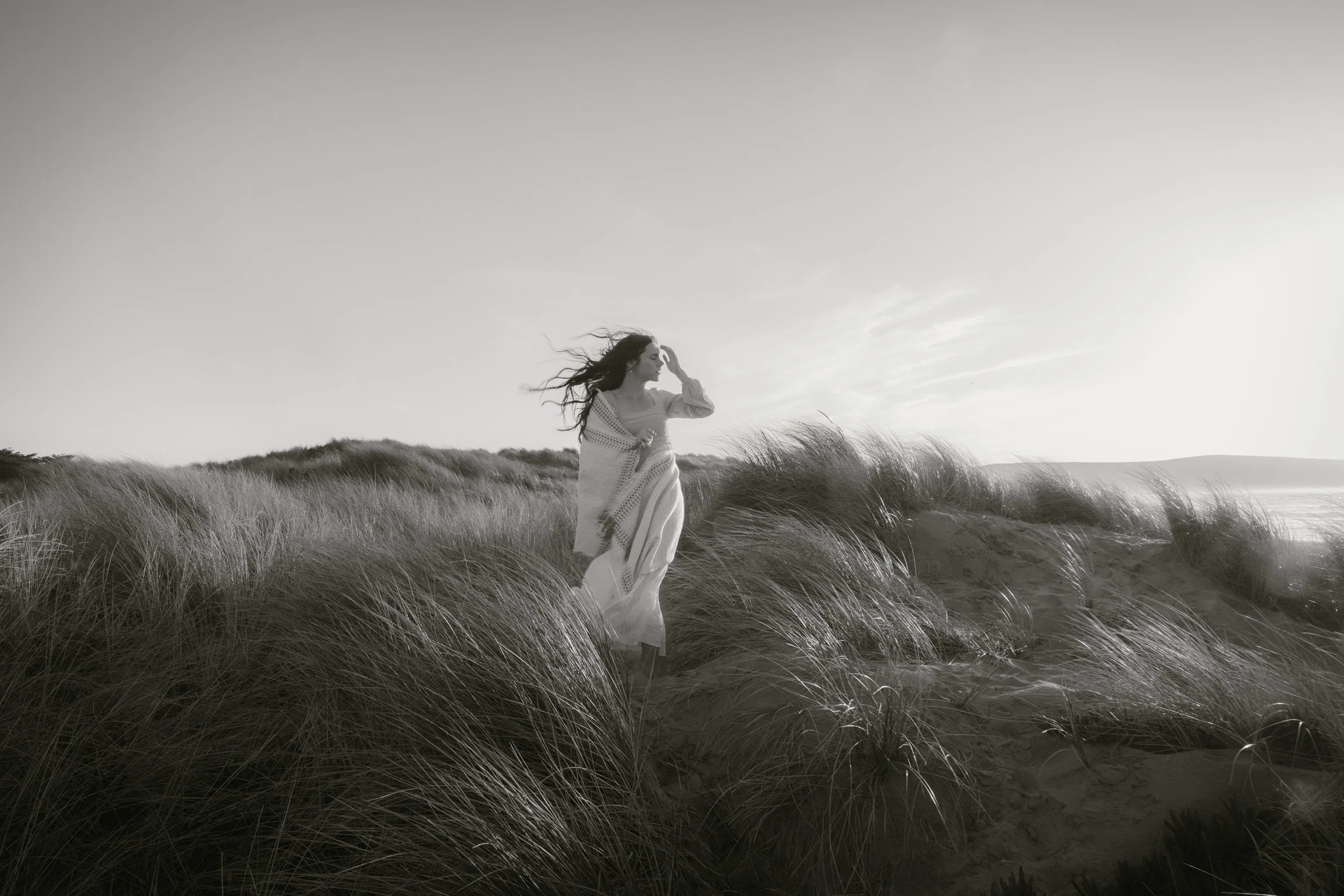 A traveler in a flowing white dress stands in a field of tall grass, with the wind blowing her hair and the landscape. The scene is monochromatic, giving it a serene and timeless feel.