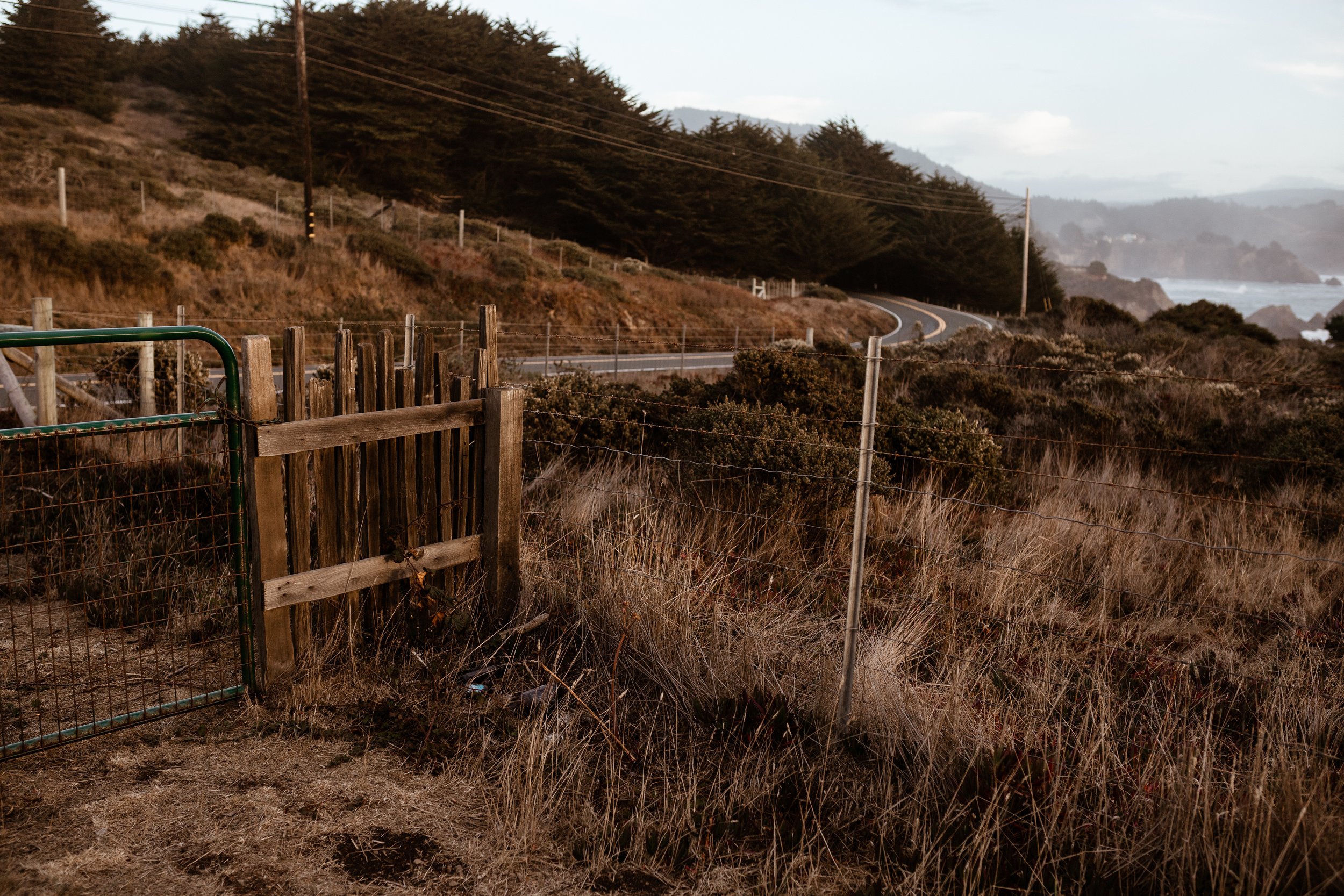 gate leading into a slow paced farm on the Mendocino Coast near Scenic Highway 1