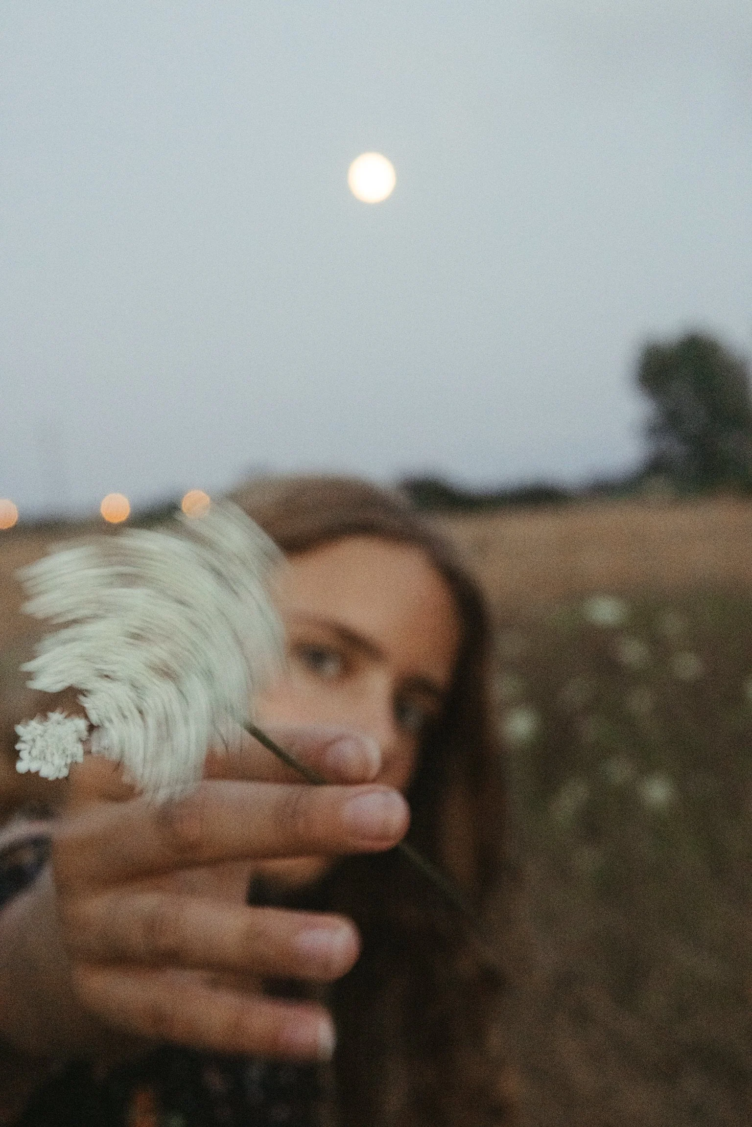 gathering from fields with a full moon in the background 