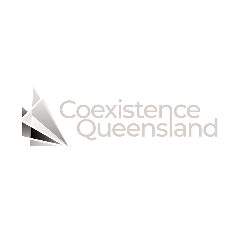 Logo of Coexistence Queensland featuring stylized abstract shapes in grayscale and the organization's name.