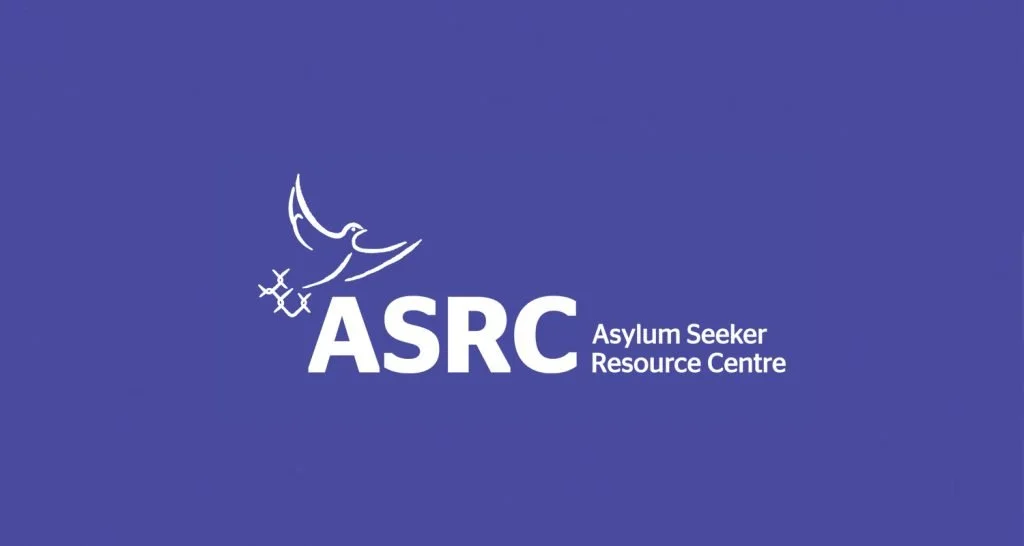 Blue background with white logo of a bird and text that reads "ASRC" and "Asylum Seeker Resource Centre".