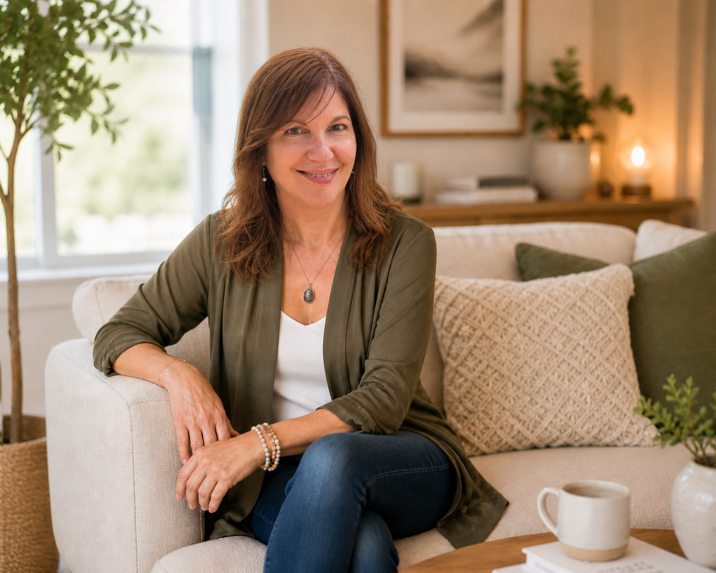 A woman with shoulder-length brown hair, wearing a green blazer, white top, and jeans, sitting on a beige couch in a cozy living room.