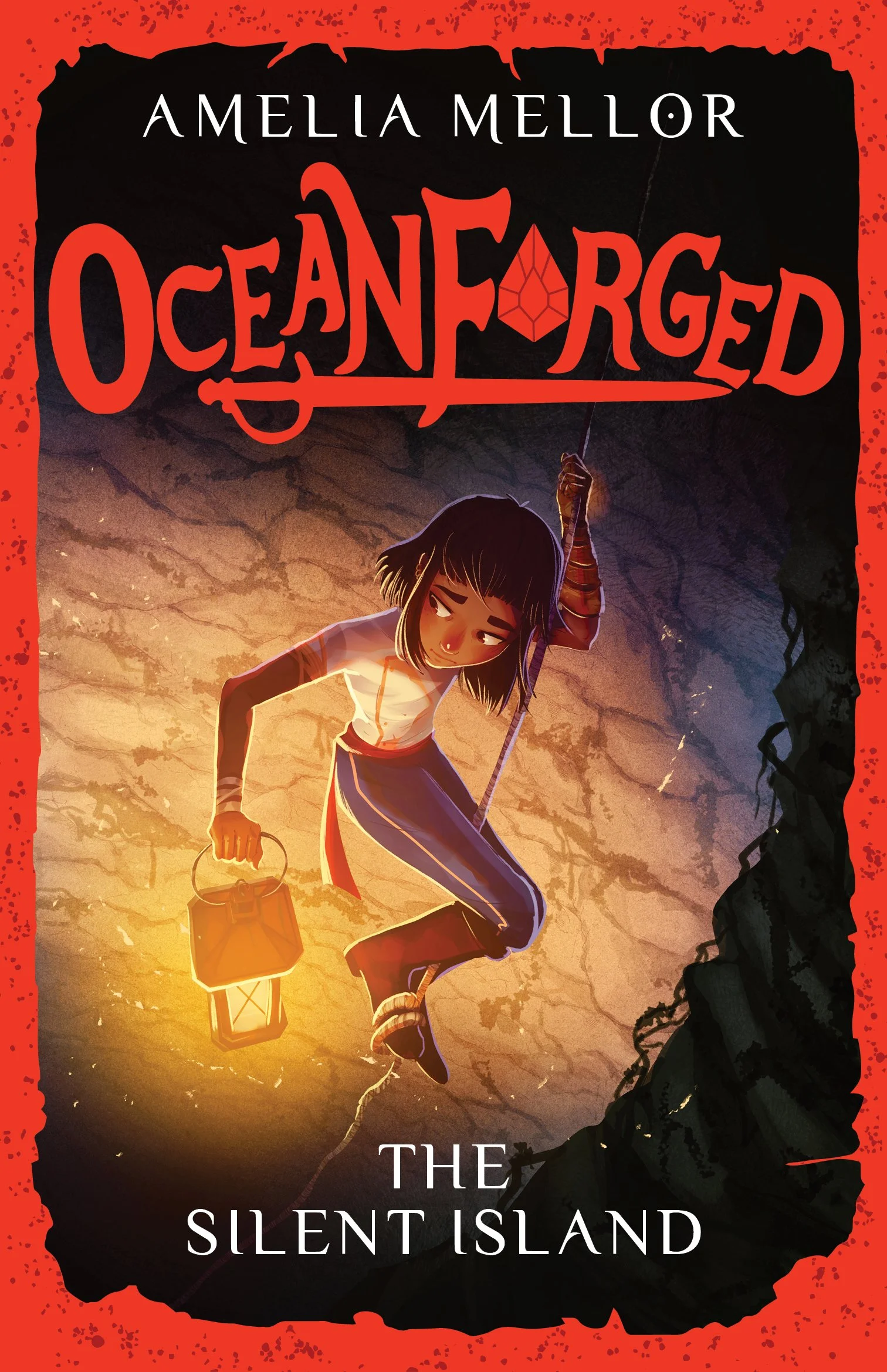 Cover image of Oceanforged 2: The Silent Island shows an illustration of a child in her early teens rappelling down a cave shaft with a lamp. Her expression is wary.