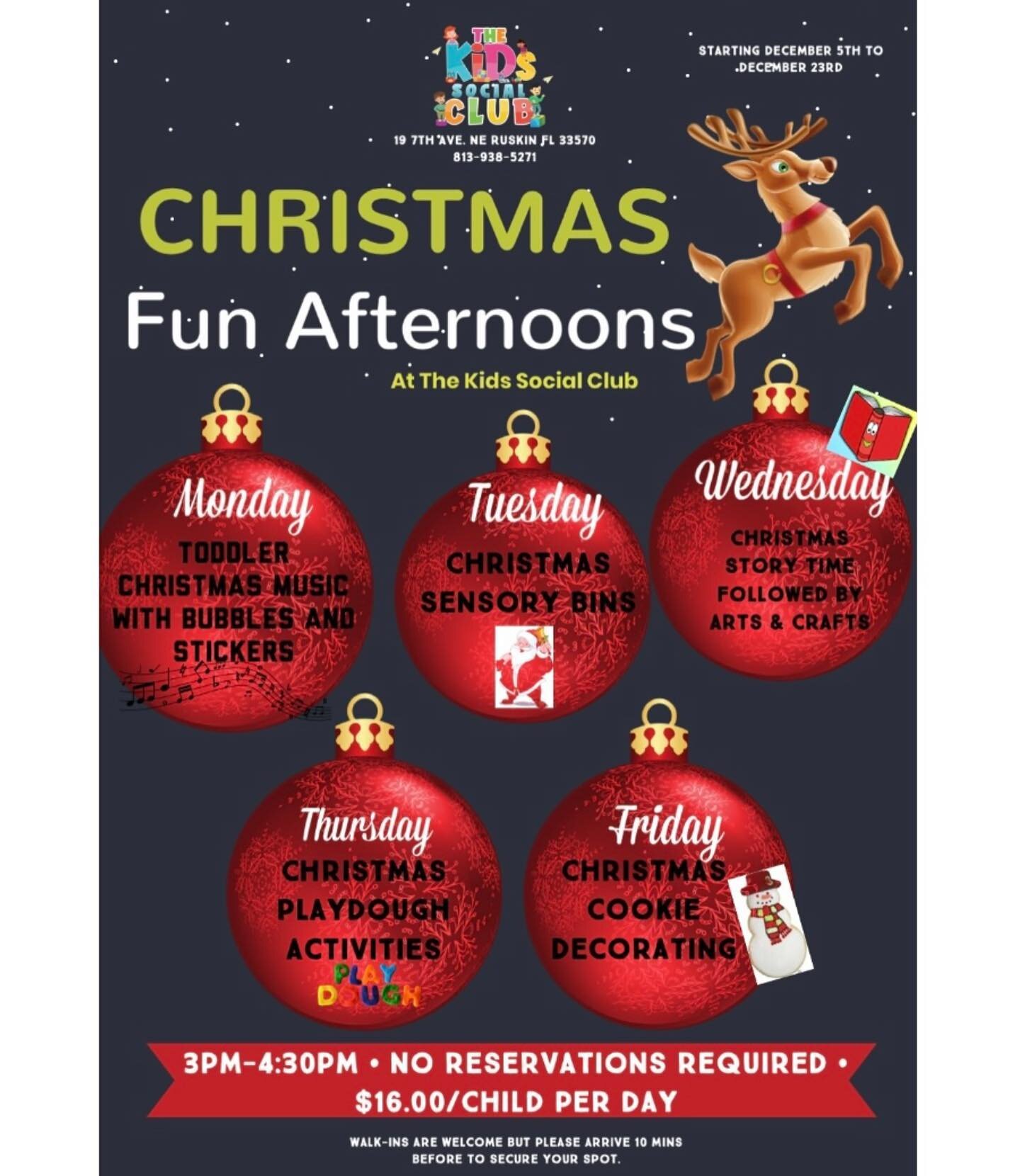 Christmas Fun Afternoons at our Club! 

Starting December 5th join us for open play with fun and interactive holiday activities for the littles 🎄🎅🏻

Monday - Toddler Christmas Music with bubbles and stickers 

Tuesday- Christmas Sensory Bins 

Wed