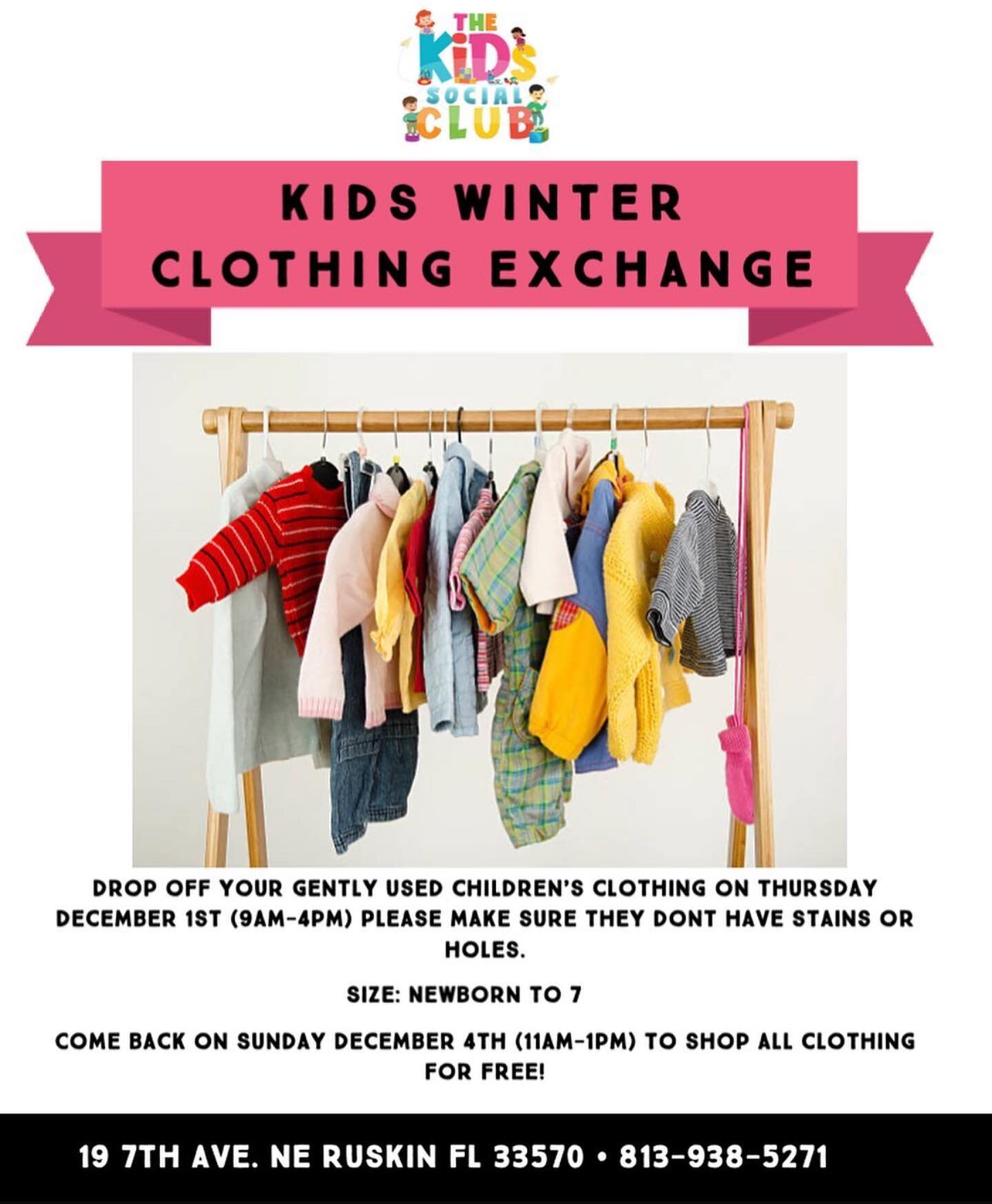 We are having a Kids Winter Clothing Exchange! 

Drop off your gently used children&rsquo;s clothing on Thursday December 1st (9am-4pm) Please make sure they dont have stains or holes. 

Come back on Sunday December 4th (11am-1pm) to shop all clothin