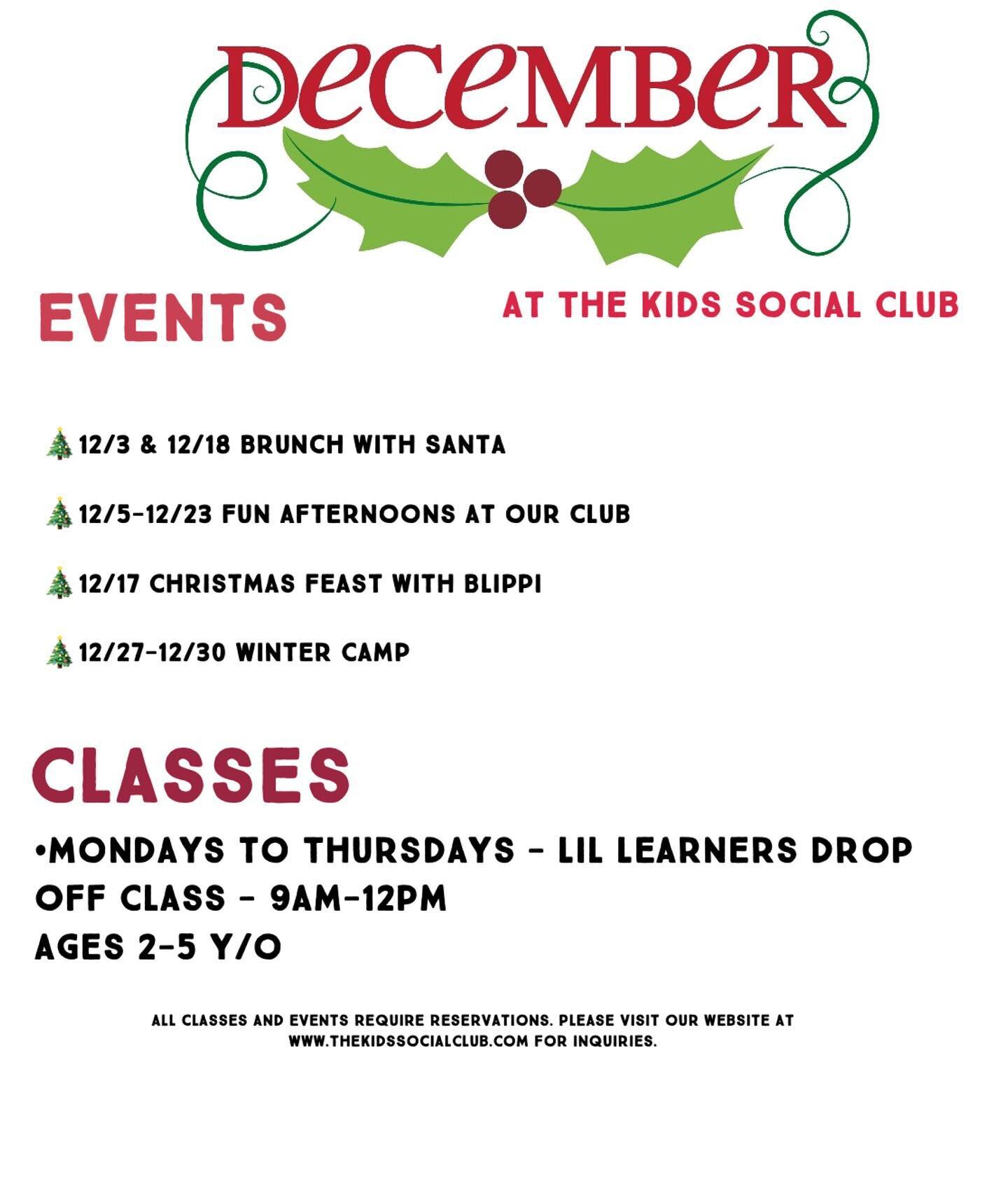 🎄🎅🏻 D E C E M B E R 🎅🏻🎄 at The Kids Social Club

As usual, DM us to reserve your spot for any of these classes and events, details on each post! 

Our space is limited and we ask that you please reserve your spot before attending. 

Socks are r