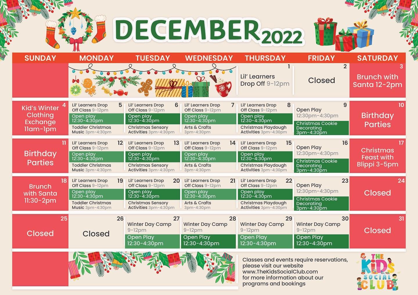 🎄🎅🏻 D E C E M B E R 🎅🏻🎄 calendar! 

Classes, open play hours and events are posted here for your convenience 🙂

All special events and drop off classes require reservations, please visit our website Www.TheKidsSocialClub.Com, call or DM us to 