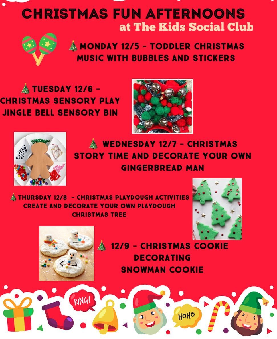Are you ready for our Christmas Fun Afternoons starting tomorrow? 🎄🎅🏻

Here is this week&rsquo;s program! 

Open play with fun and interactive holiday activities for the littles 🎄🎅🏻

Monday - Toddler Christmas Music with bubbles and stickers 

