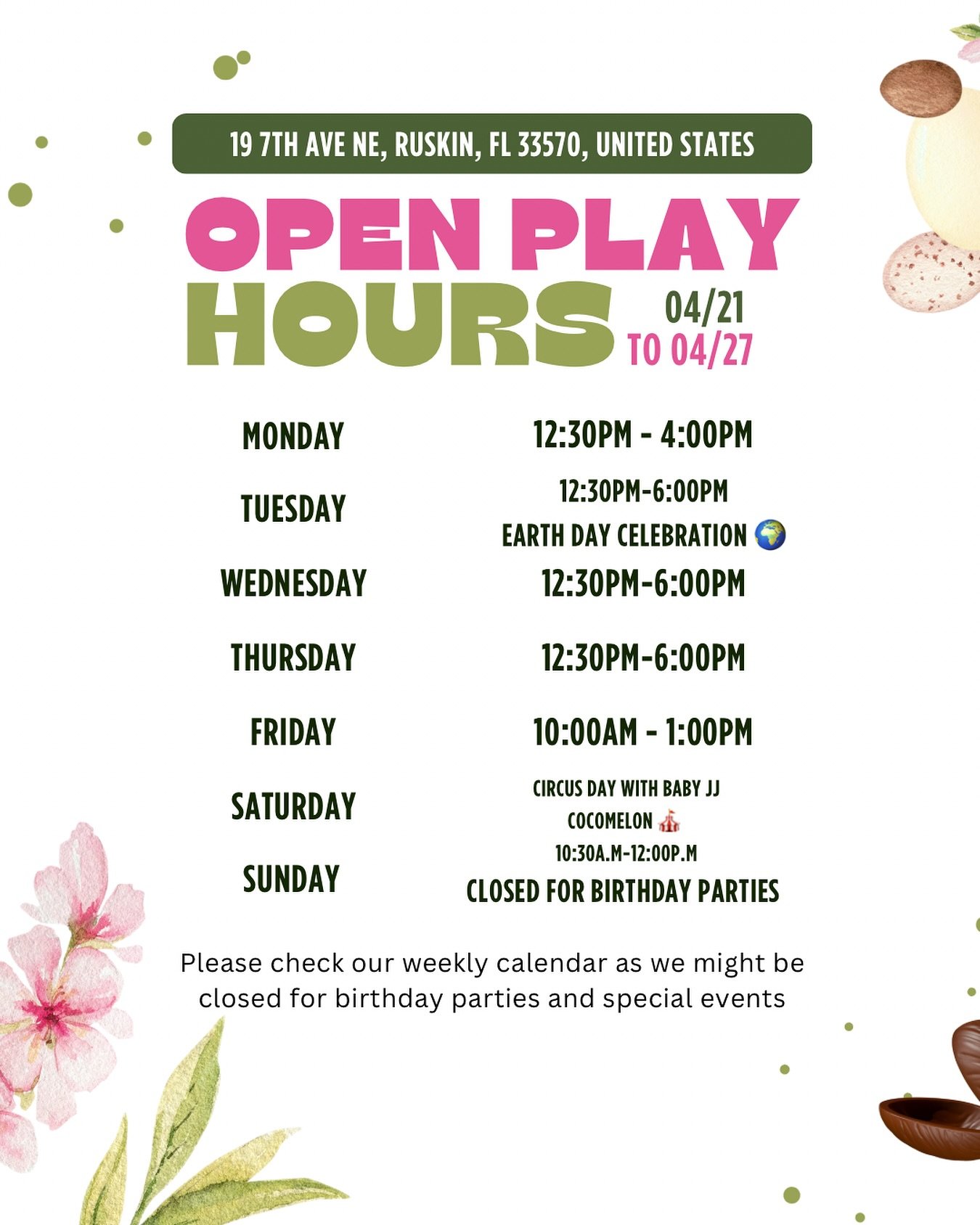 Happy Monday Friends ❤️

This Week&rsquo;s Open Play Hours (4/21&ndash;4/27) 
Join us for playtime, events, and a whole lot of fun! 
Don&rsquo;t miss our Earth Day Celebration on Tuesday and Circus Day with Baby JJ this Saturday!