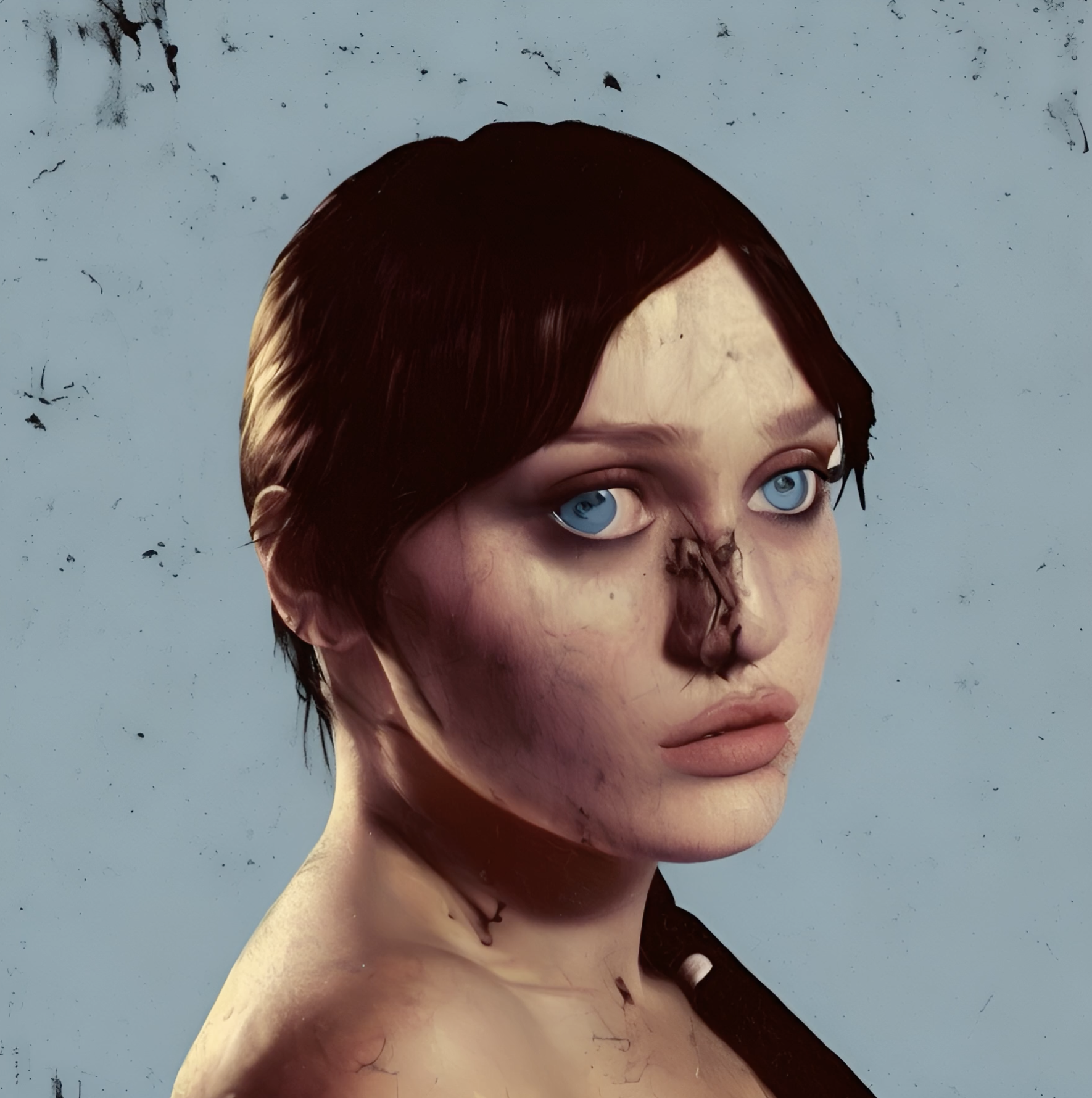 A digital artwork of a woman with short dark hair and blue eyes, her face has a unique, surreal appearance with a partial skull and facial distortions, against a distressed light blue background.