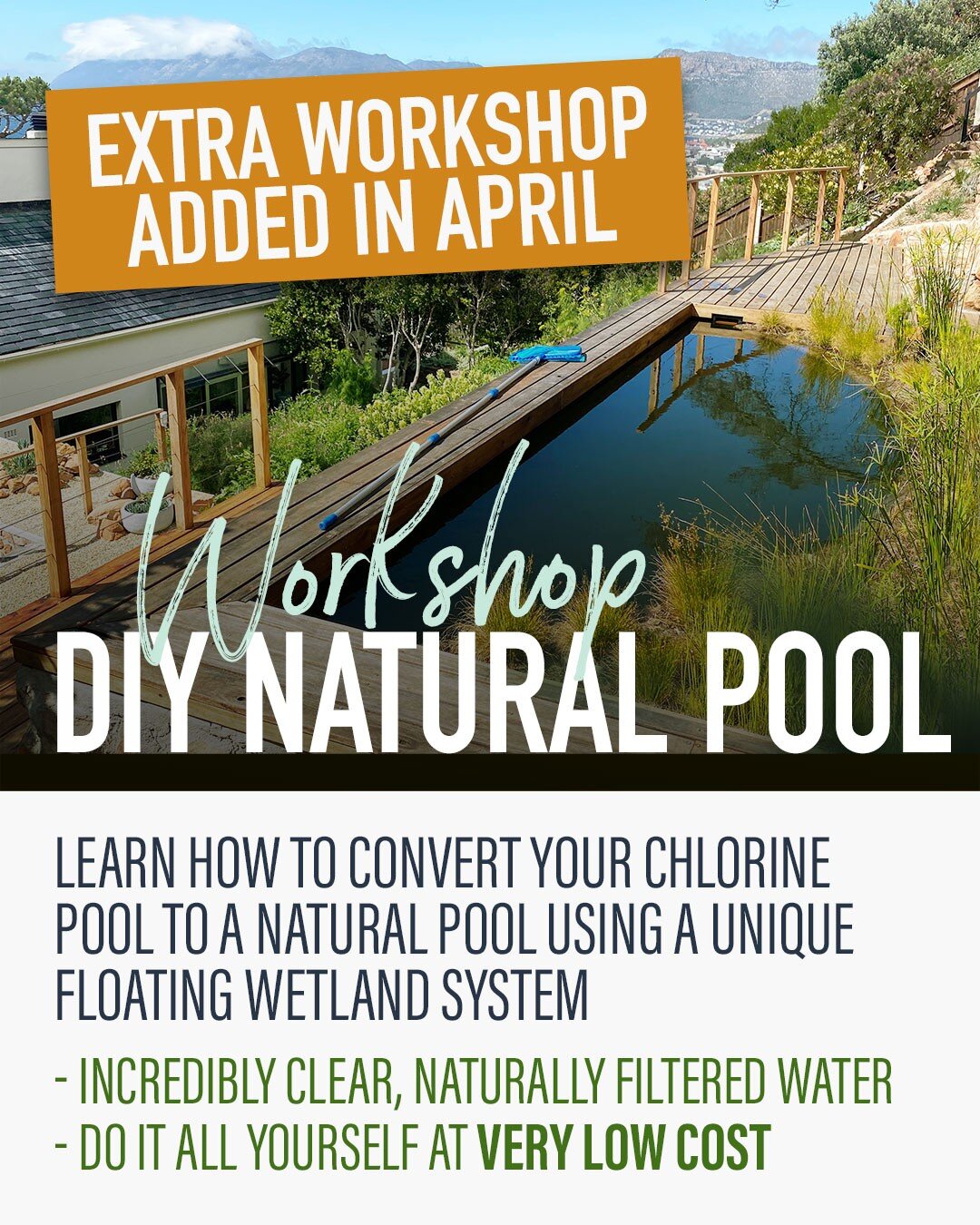 Learn how to convert your chlorine pool to a natural pool using a unique floating wetland system.
* Incredibly clear, naturally filtered water 
* Do it all yourself at very low cost

WHAT ARE FLOATING WETLANDS?
They are a floating structures about 15