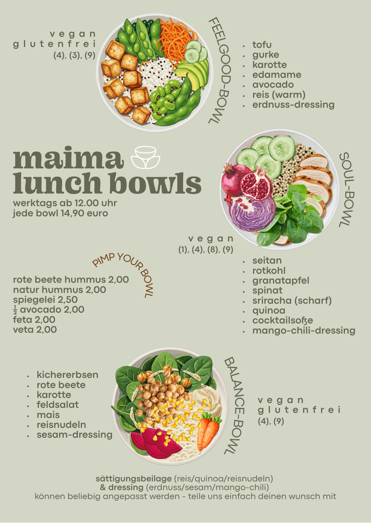 Speisekarte mit veganen, glutenfreien Lunch Bowls, bestehend aus Felglood-Bowl, Soul-Bowl und Balance-Bowl, inklusive Zutaten und Preise.