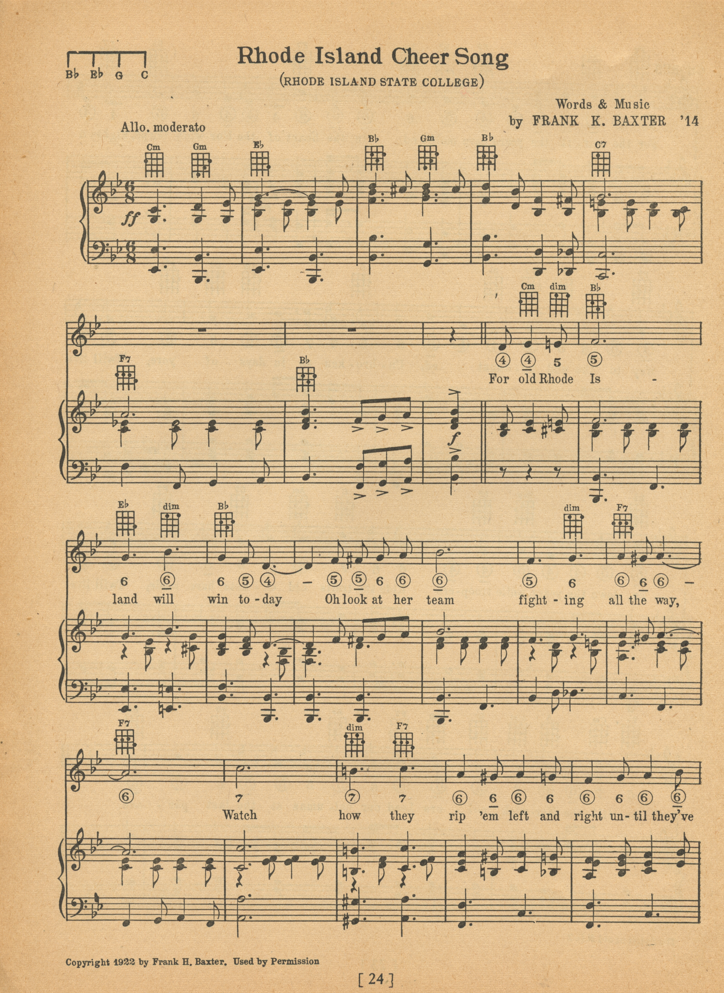 Rhode Island Cheer Song, sheet music page 1 of 2, 1922