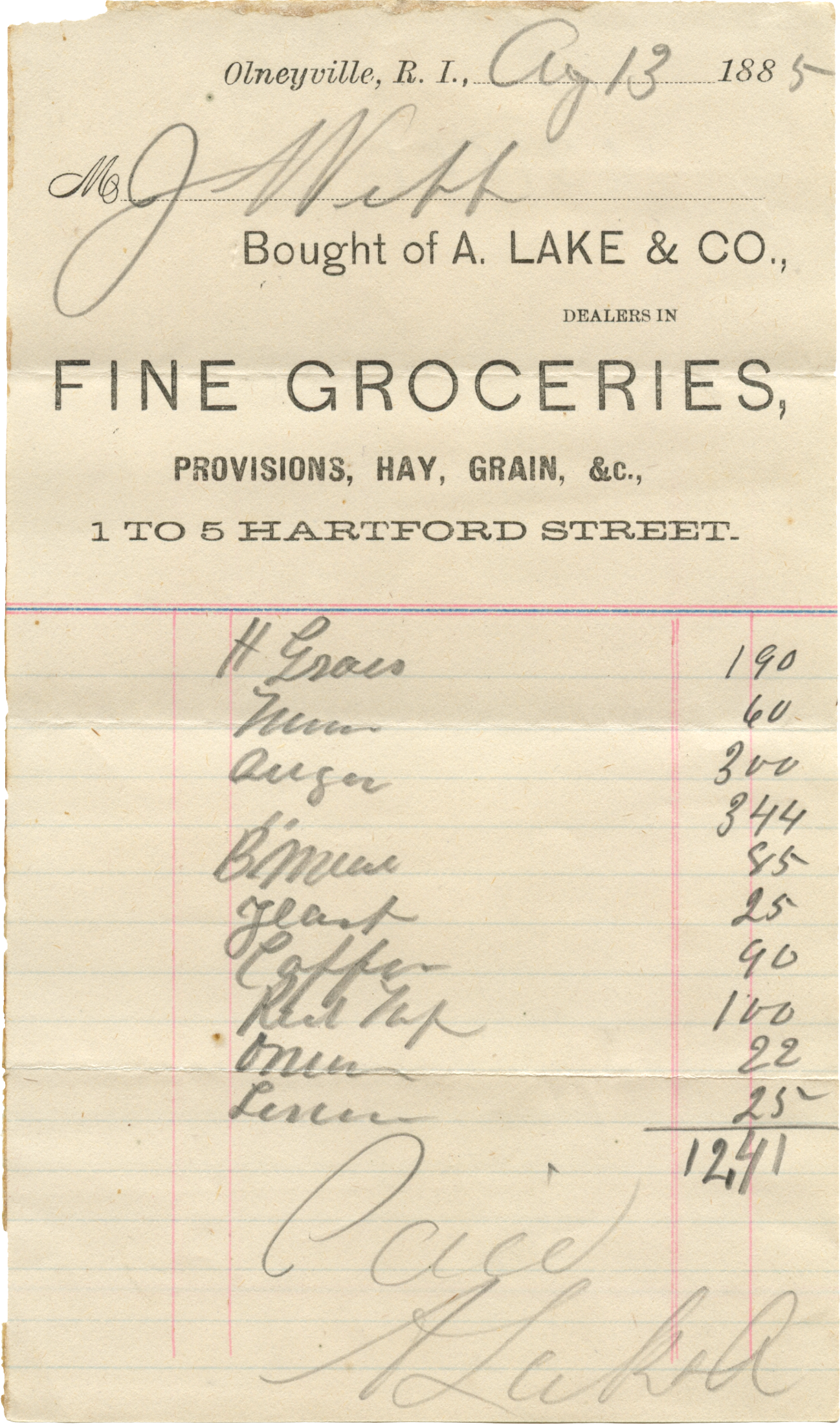 Grocery receipt, 1885
