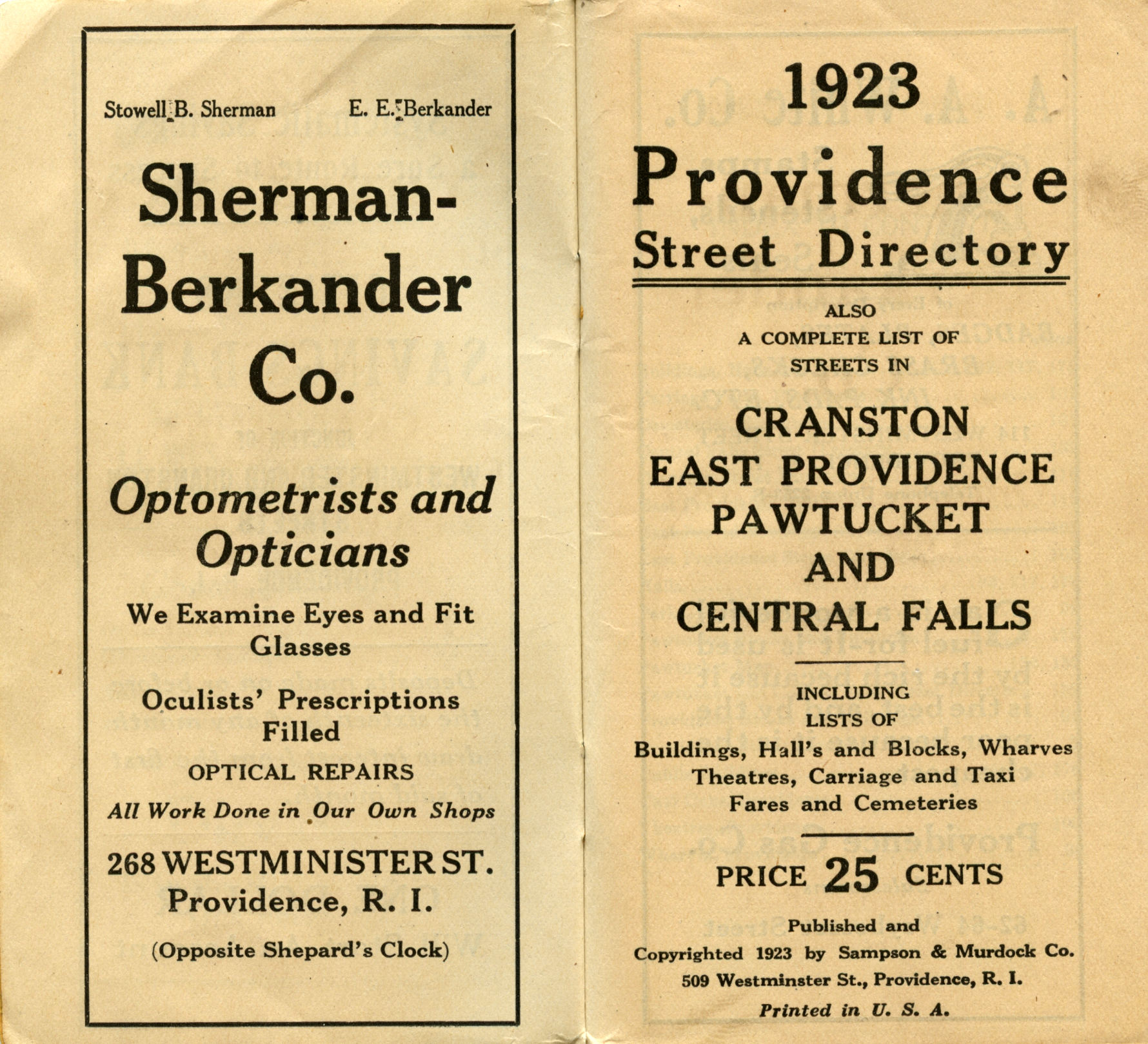 Providence Street Directory, inside cover, 1923