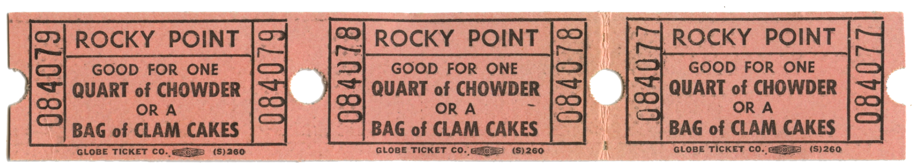 Rocky Point Park chowder or clam cakes ticket (3), year unknown